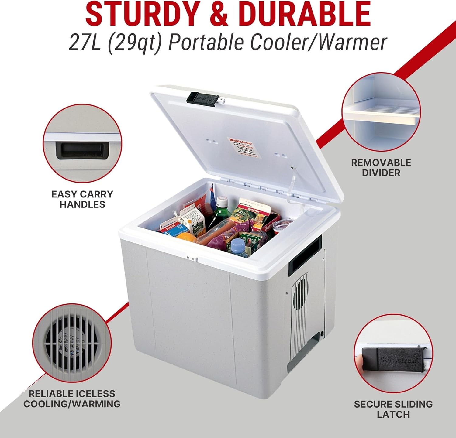 Diagram highlighting features of the Koolatron cooler: easy carry handles, reliable iceless cooling/warming vent, removable divider, and secure sliding latch.