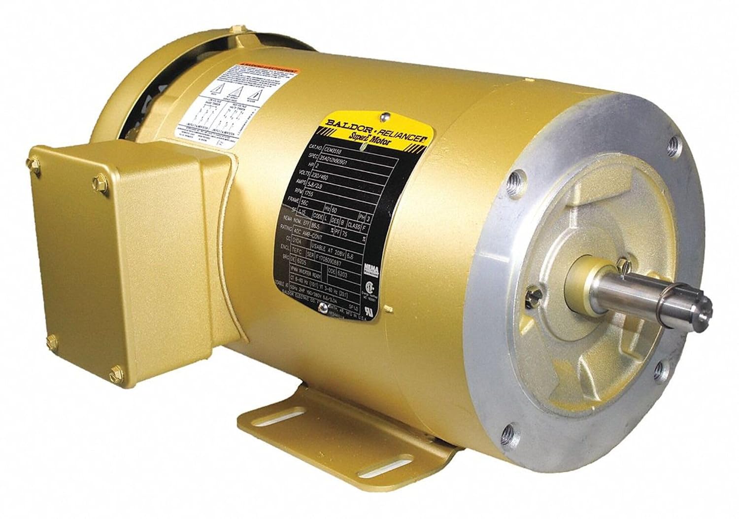 Baldor CEM3558 General Purpose AC Motor, 3 Phase, 56C Frame, TEFC Enclosure, 2Hp Output, 1755rpm, 60Hz, 208-230/460V Voltage