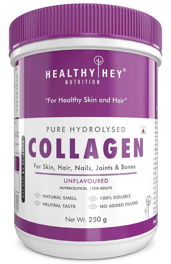 HealthyHey Nutrition Collagen Powder | Collagen Supplement for Glowing Skin | Pure Hydrolysed Collagen Powder for Women and Men | Unflavoured - Pack of 1-250 gm