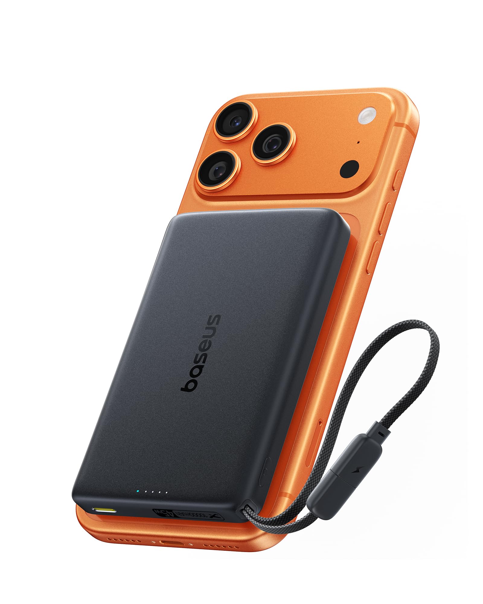 Baseus PicoGo AM52 Power Bank, Qi2.2 Magsafe Powerbank 10000mAh, Ricarica Wireless Ultraveloce da 25 W, Cavo USB C integrato, Ricarica PD da 45 W, Batteria Esterna Magnetica per iPhone 17/16 Pro Max