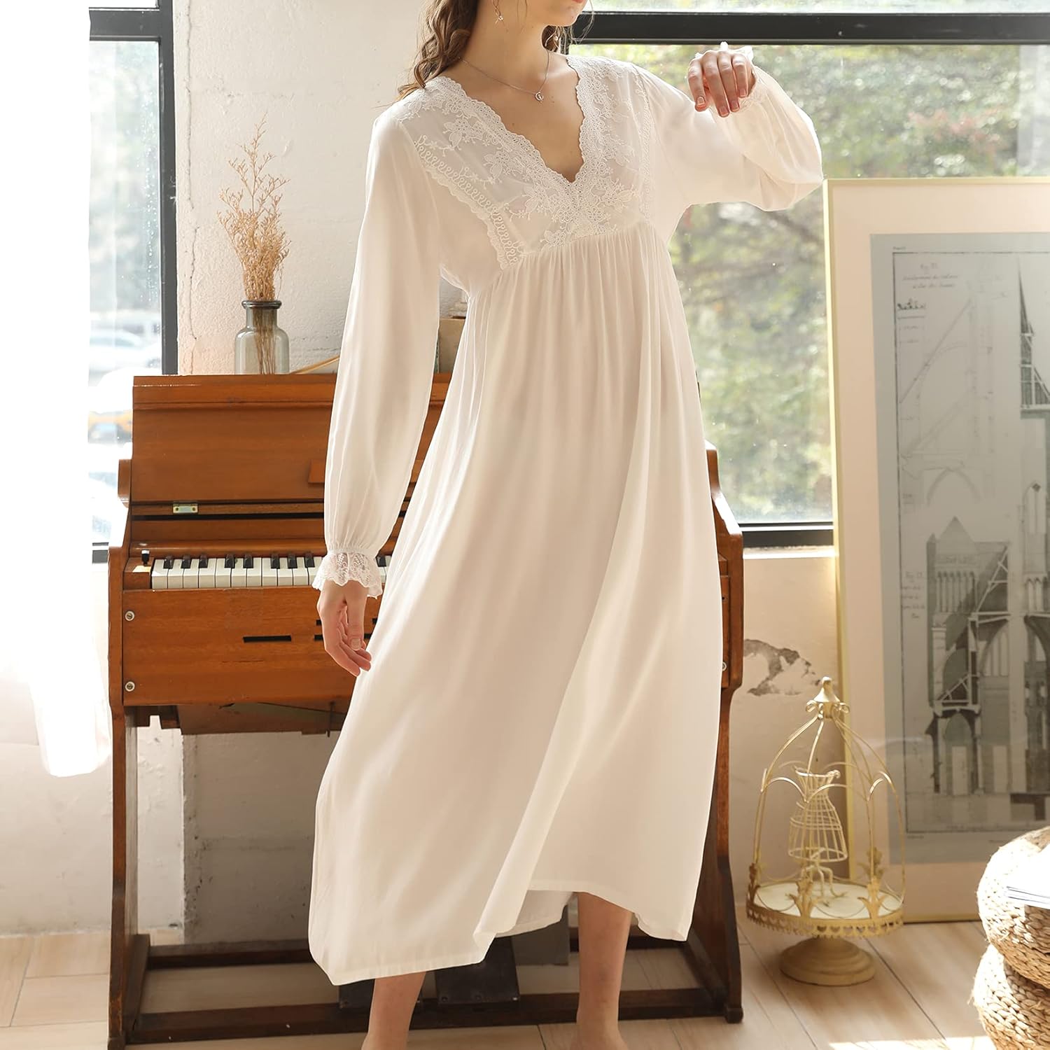 Lu's Chic Women's Long Sleeve Nightgown Cotton Pajama Dress Sleep Victorian Night Gown V Neck - Image 5