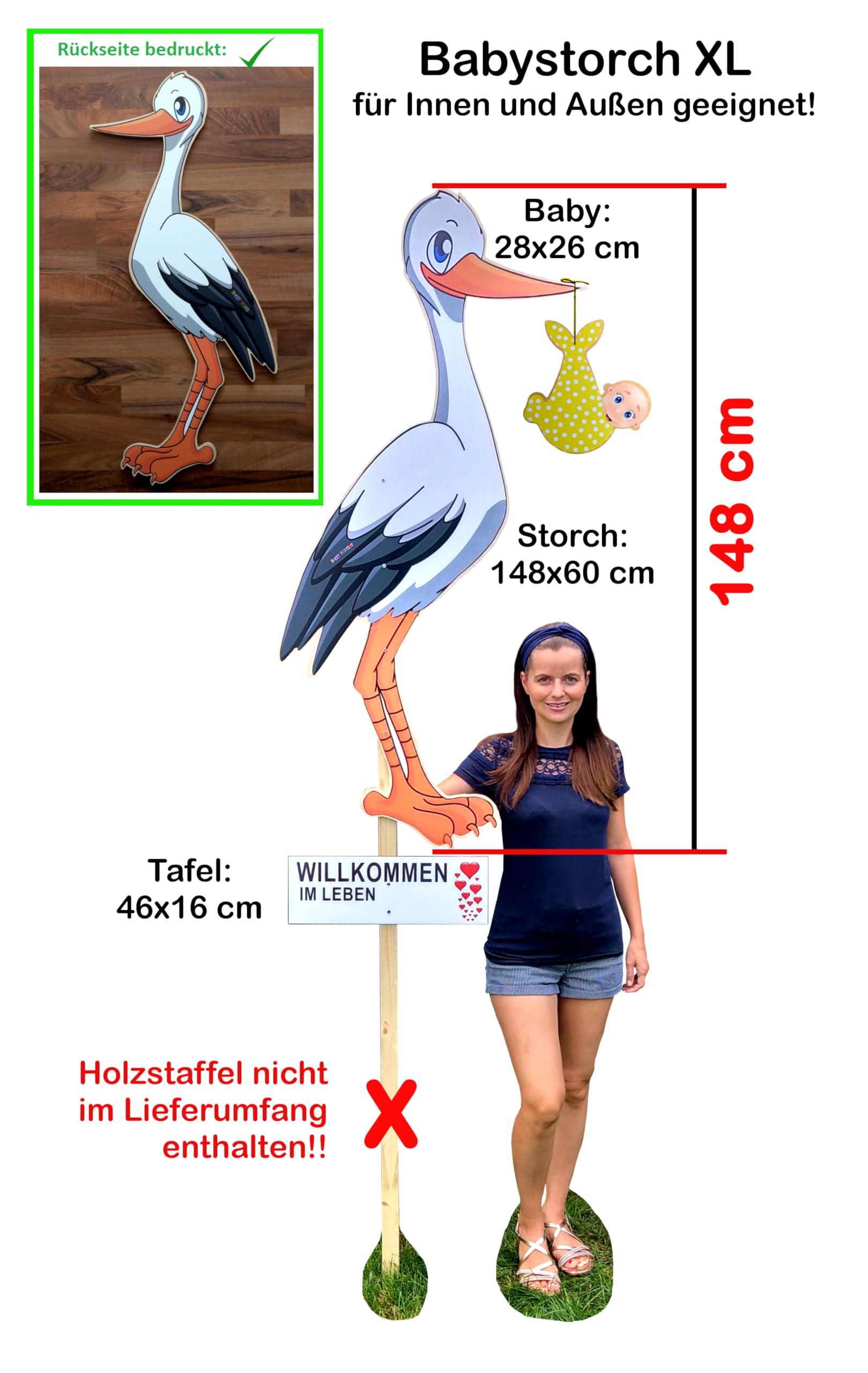 XL SET 148 cm- Babystorch aus HOLZ für Geburt NEUTRAL (Druck: ZWEISEITIG*) | Inklusive Beschriftungstafel & Baby in GELB, Klapperstorch zur Geburt, Holzstorch für draußen, Storch-Holz