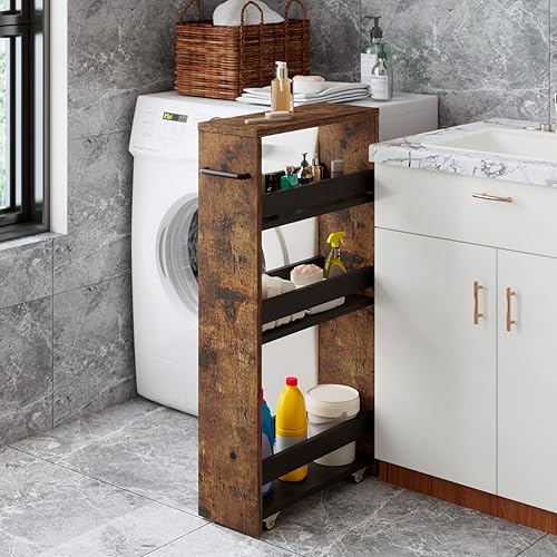 Miniatura 5 de MARTY Carrito utilitario delgado de 4 niveles con mango de ruedas, carrito de almacenamiento de cocina, organizador de estantería móvil deslizante