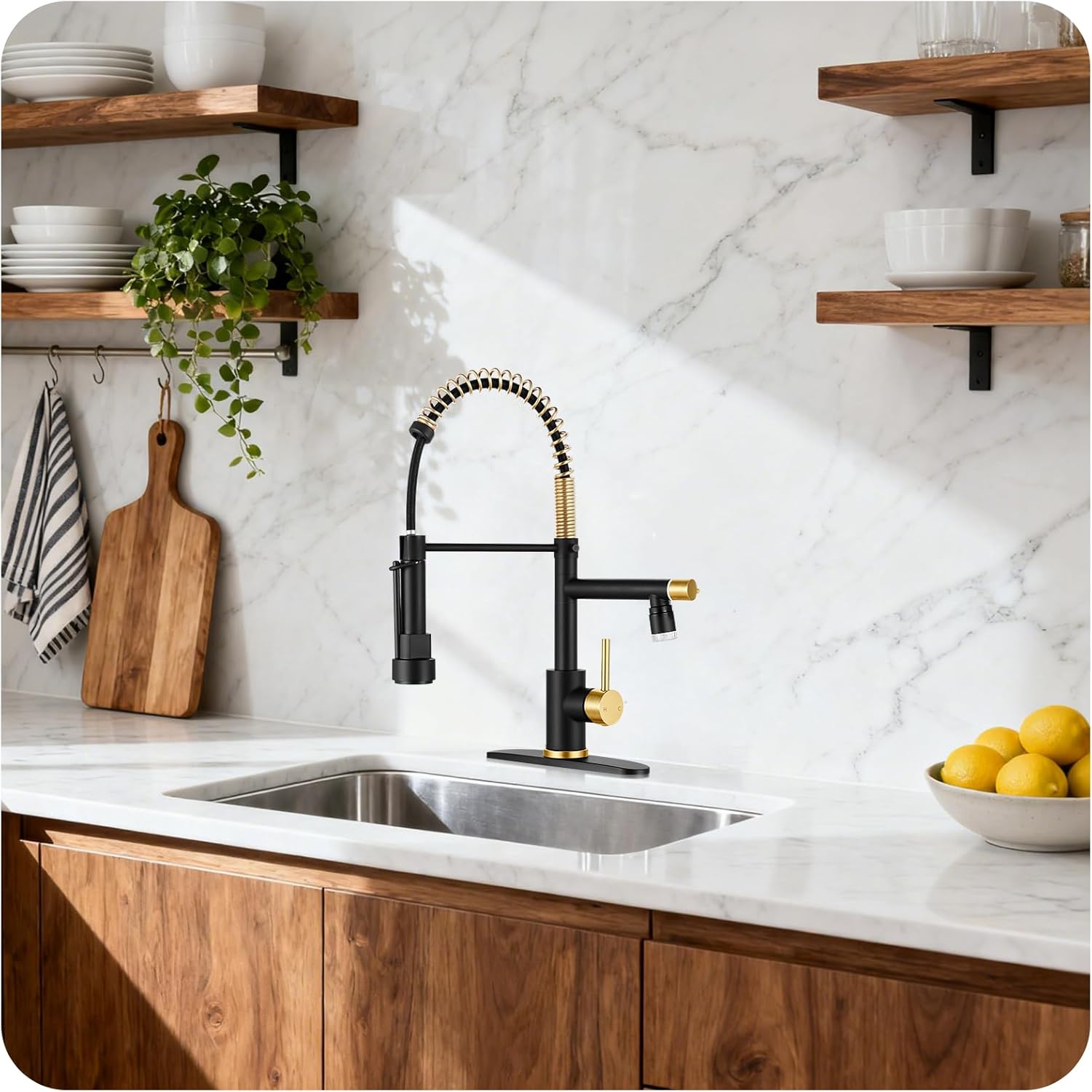 LED Kitchen Faucet with Pull Down Sprayer - Black & Brushed Gold Single Handle Commercial Kitchen Faucets, 2-Spout Kitchen Sink Faucet, Stainless Steel Spring Pull Out Sink Faucet 1/3 Hole