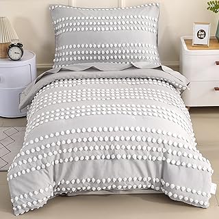 4-Piece Toddler Bedding Set, Gray Toddler Bed Set for Girls and Boys, Pom Pom Bedding Boho Bed Comforter for Toddler Includes Fitted Sheet, Flat Top Sheet and Pillowcase