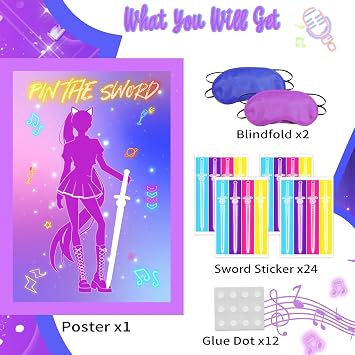 AFZMON Purple Kpop Birthday Decorations,Pin The Sword Party Favors Games for Kids, Large Poster with 24 Stickers for Party Supplies