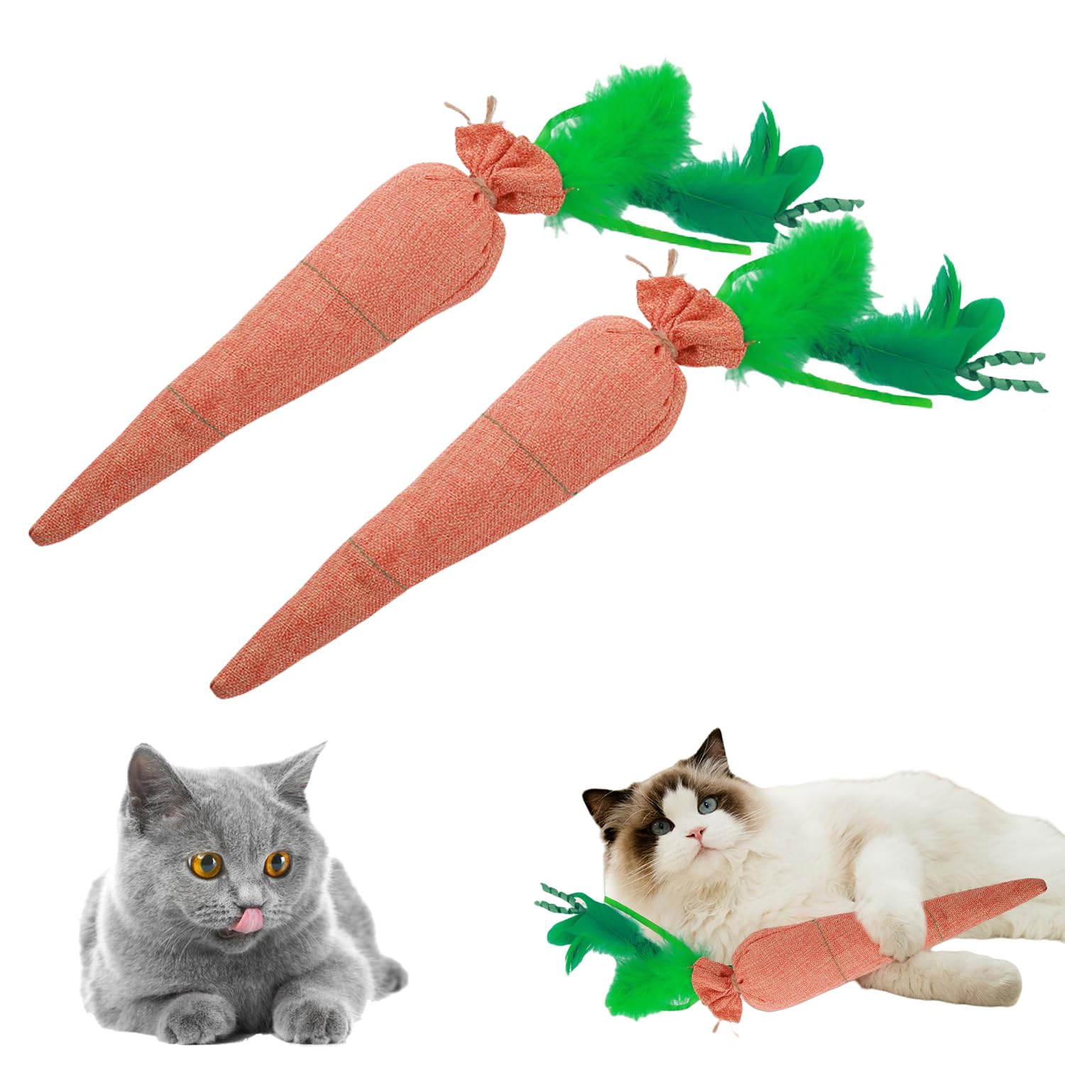 SUEDOUS Fun Carrot Catnip Toys for Indoor Cats to Keep Them Busy, Soft Linen, Orange Carrot Crinkle Kicker Catnip Cat Toy, Catmint Toys for Cats All Breeds (2PCS)