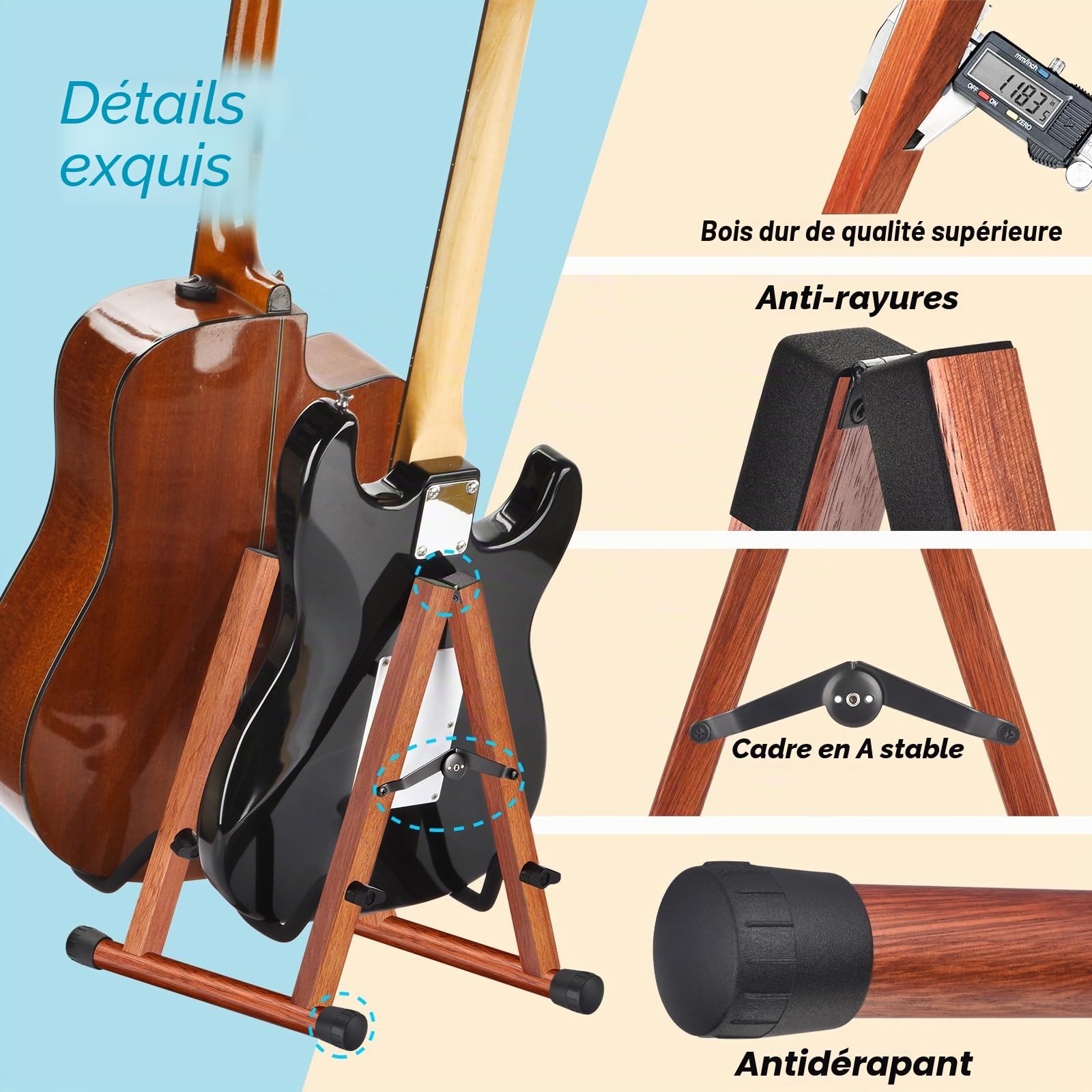 Double Support Guitare, Supports de Guitare en Bois pour Guitares Multiples, Guitares Acoustiques, Basse, Guitare Electrique, Support de Guitare Acoustique pliable en A, Facile à Assembler