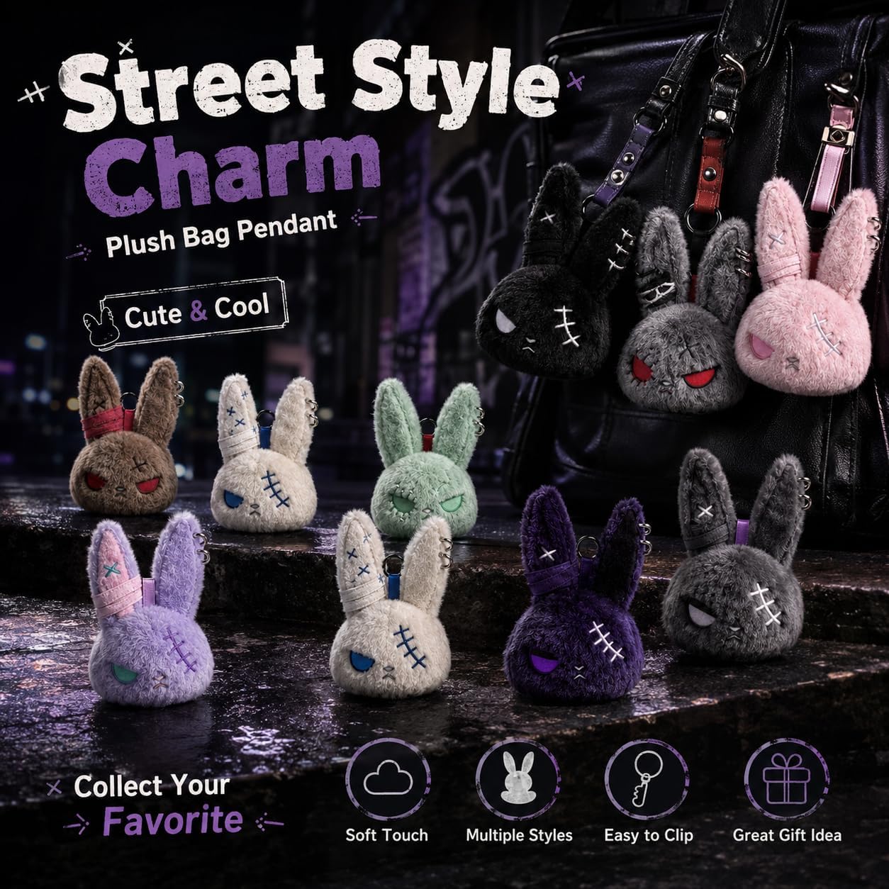 Dark Bunny Plush Keychain, Soft Rabbit Bag Charm with Metal Key Ring, Goth Style Plush Purse Charm, Giftable image 4