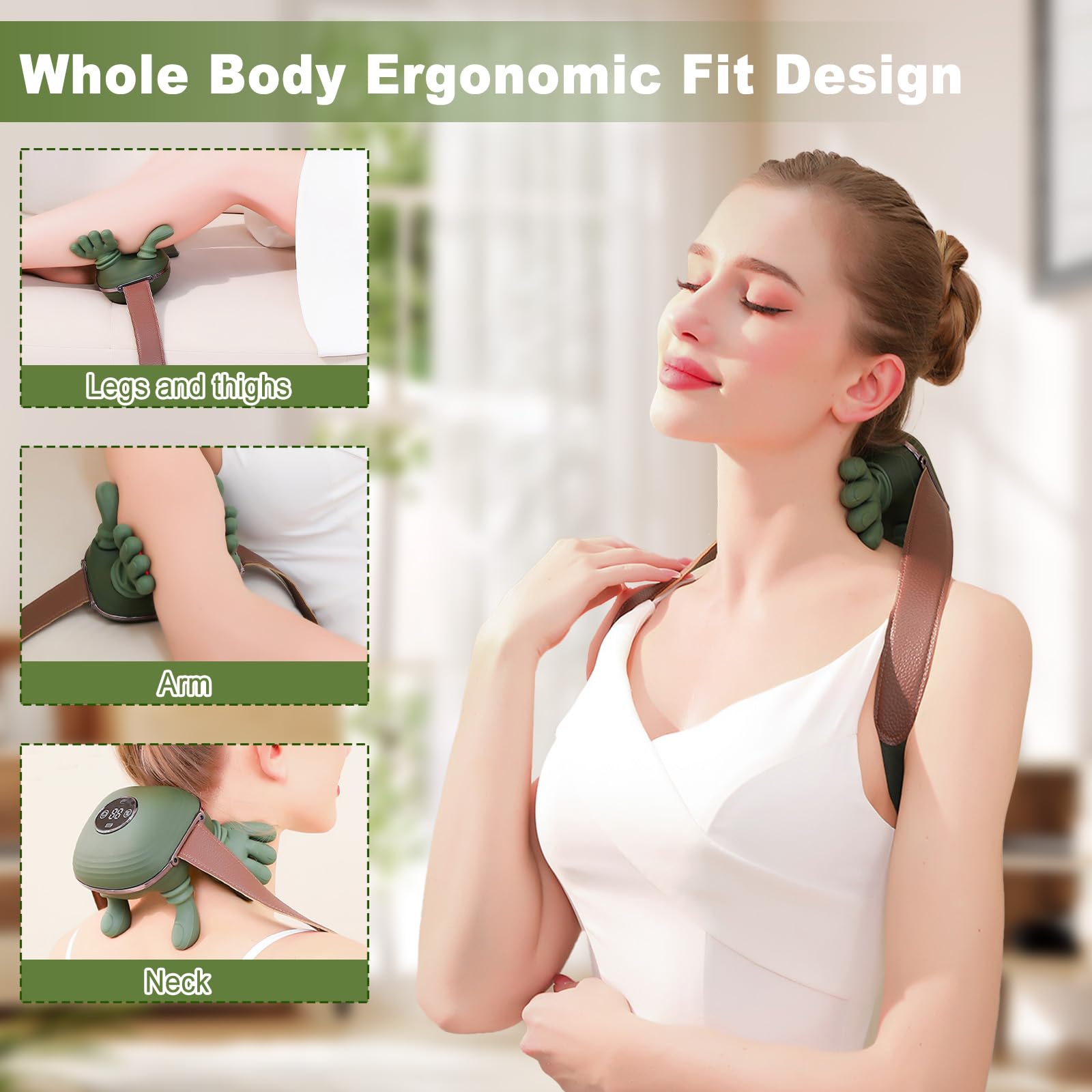 Masajeador Cervical y Espalda 4D Biónico Eléctrico Shiatsu Portátil con 3 Niveles de Intensidad y 2 Niveles de Calor (Verde)