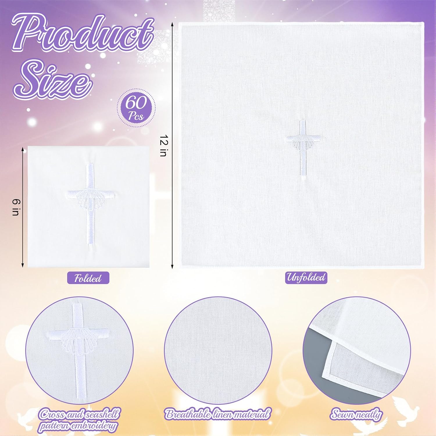 Tudomro 6 Pcs Cross & Shell Baptismal Napkin with Embroidered Christian Baptism Towel Embroidered Baptismal Napkin White Christening Cloth with Cross for Church Home Candidate 12 x 12 Inch (Sliver)