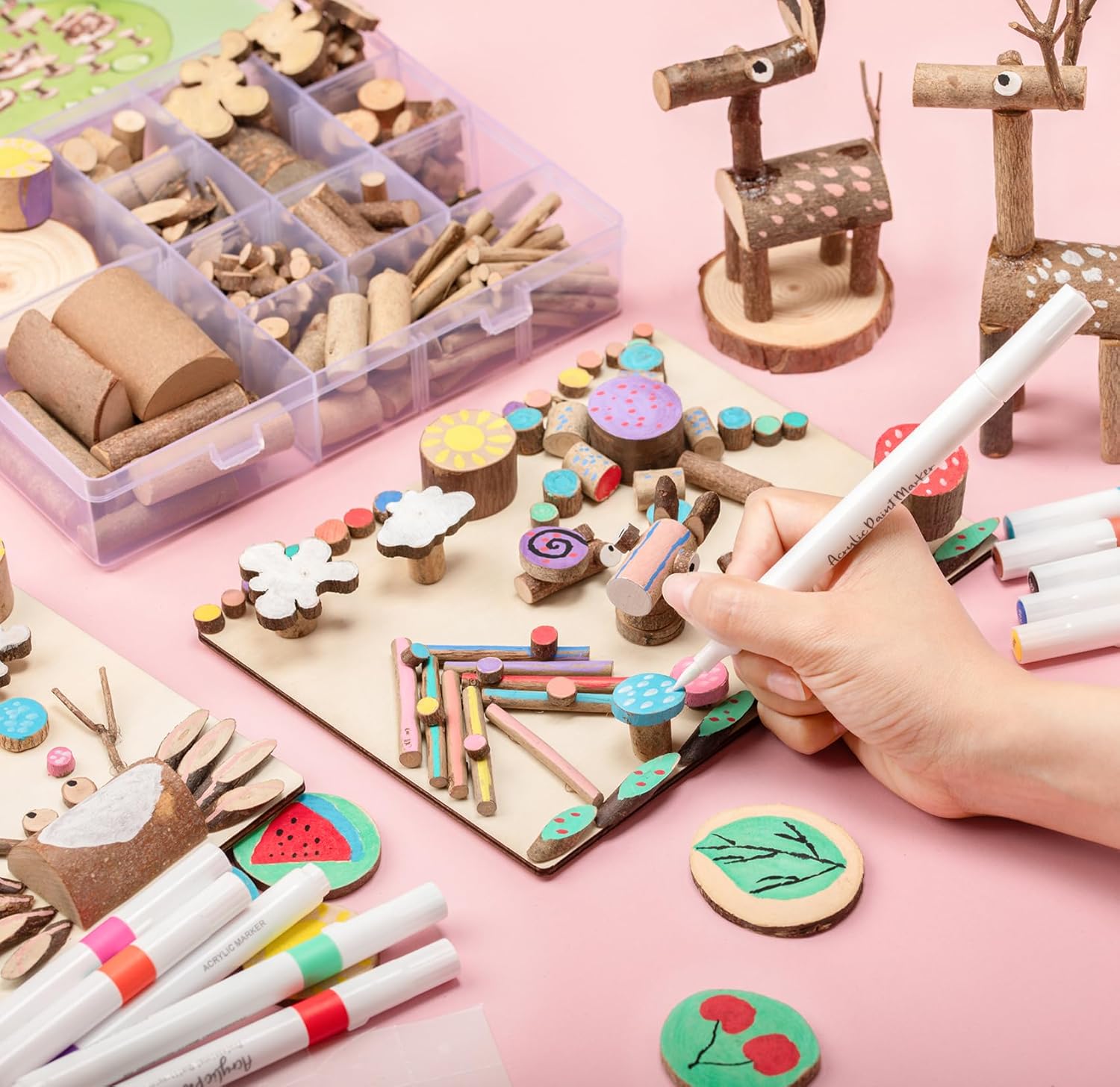 LAZACA Arts and Crafts Kit Wooden Creativity Painting Set for Kids, DIY Loose Part Play Projects Parties Camping Homeschool Supplies, Unfinished Natural Wood Slices Sticks Set for 5+ Size-21X17X4cm