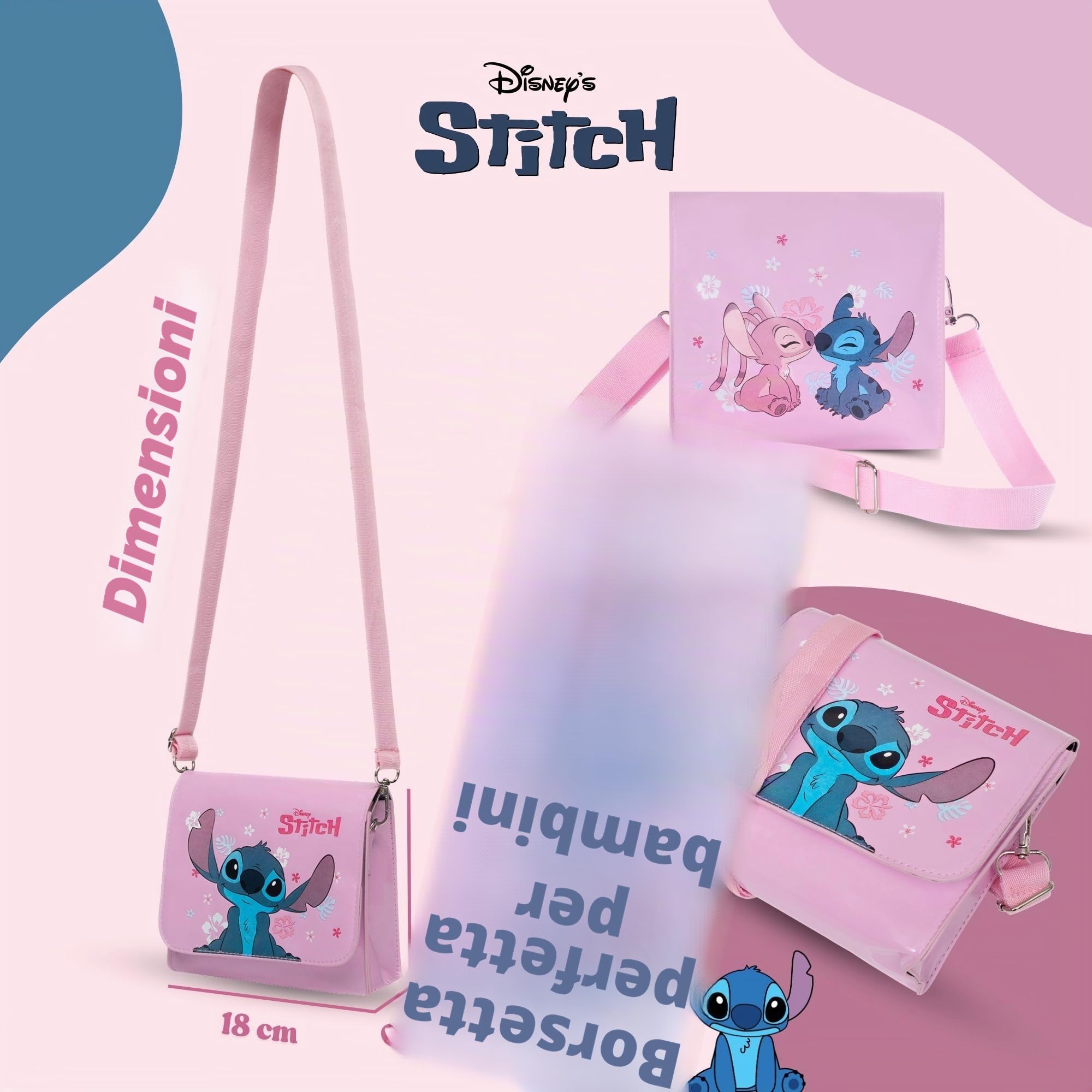 Borsa a tracolla rosa Disney Stitch & Angel per ragazze – Lilo & Stitch film ufficiale | Simpatica borsa a tracolla per bambini e adolescenti | Regali per ragazze | Tracolla lunga regolabile