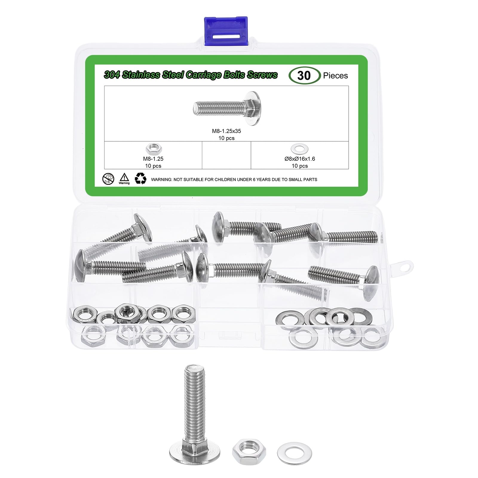 uxcell 10 Set Carriage Bolts and Nuts Kit, M8-1.25x35 Stainless Steel 304 Round Head Square Neck Carriage Bolts Screws and Hex Nuts and Flat Washers -