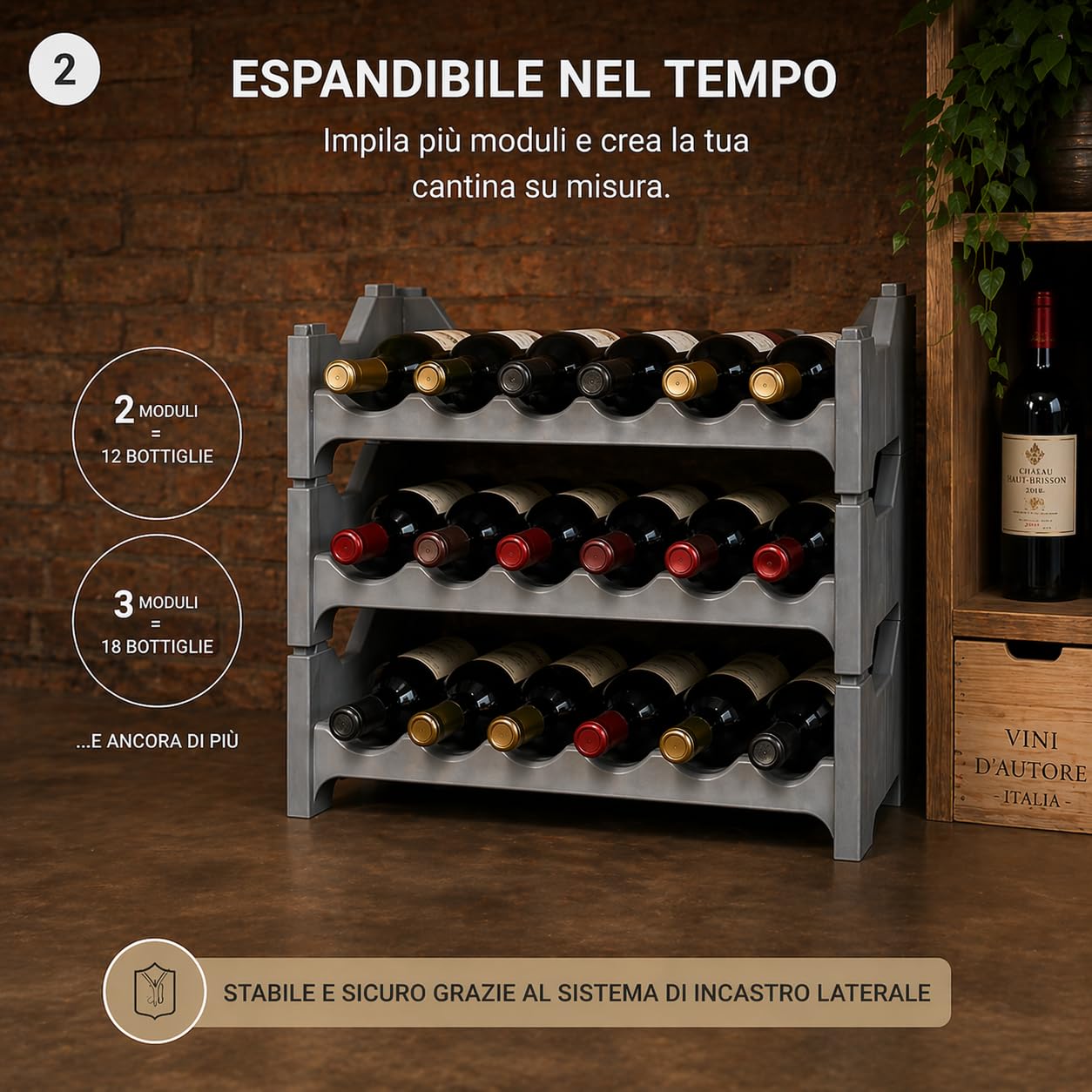 Set Cantinetta Vino Portabottiglie - in Plastica, Eleganti, Impilabili, Lavabile, Modulare, Organizzare e Valorizzare la Tua Collezione, Soluzioni Pratiche, Decorative - (6, Argento)