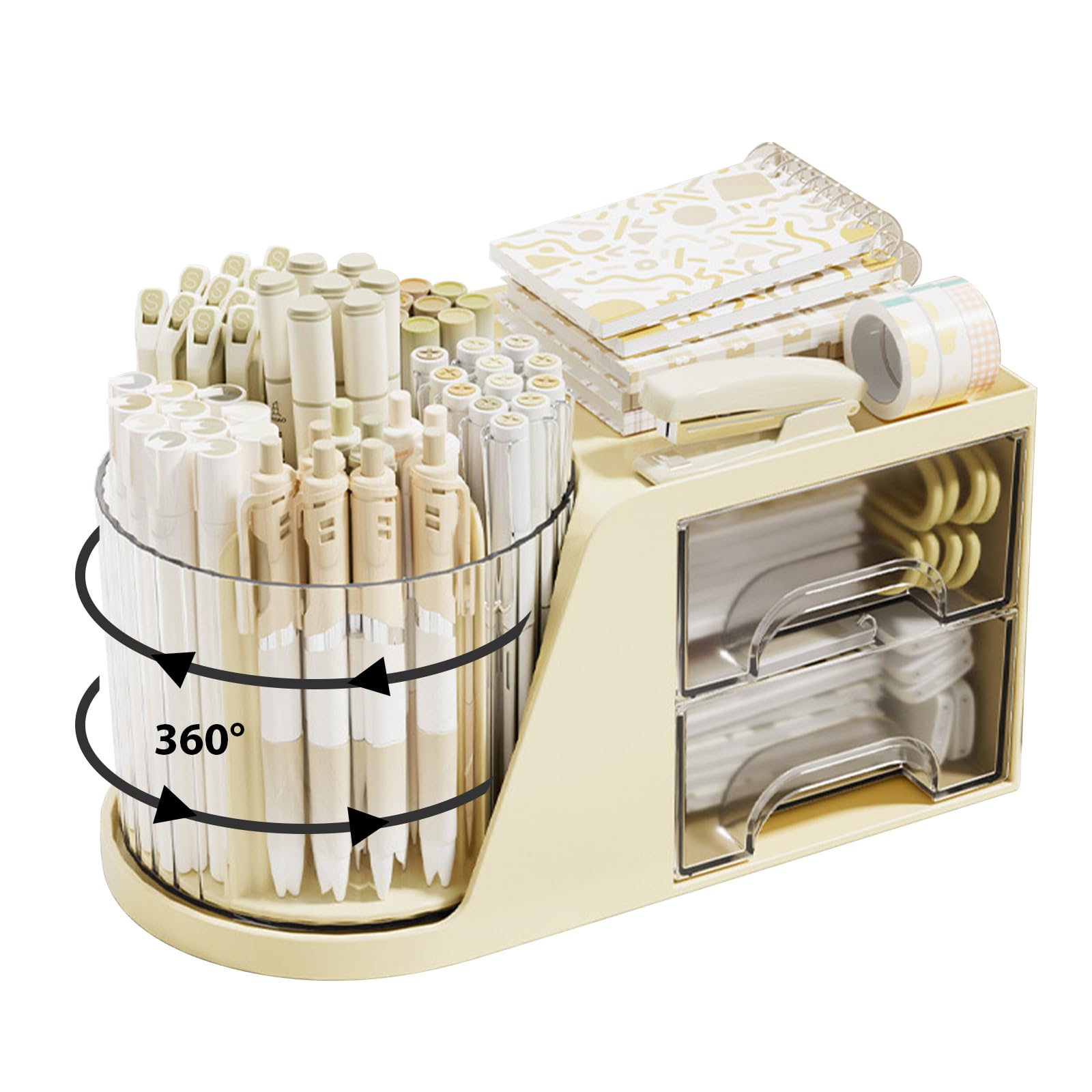 Marte Vanci 360° Rotating Desk Organizer with 2 Drawer, Desktop Rotating Pen Holder with 6 Slots, Small Makeup Organizer, Multifunctional Desk Accessories for Office, Home(Beige)