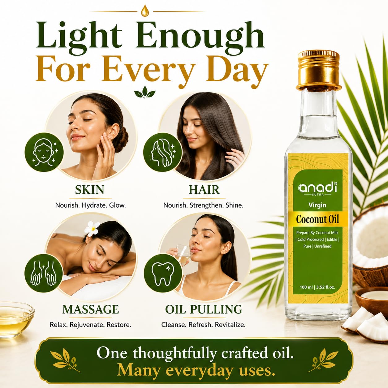 Anadi Sutra Virgin Coconut Milk Oil 100 ml | Traditionally Crafted from Fresh Coconut Milk | Naturally Rich in MCTs | Lightweight Edible Oil for Skin Hair Care & Cooking 3