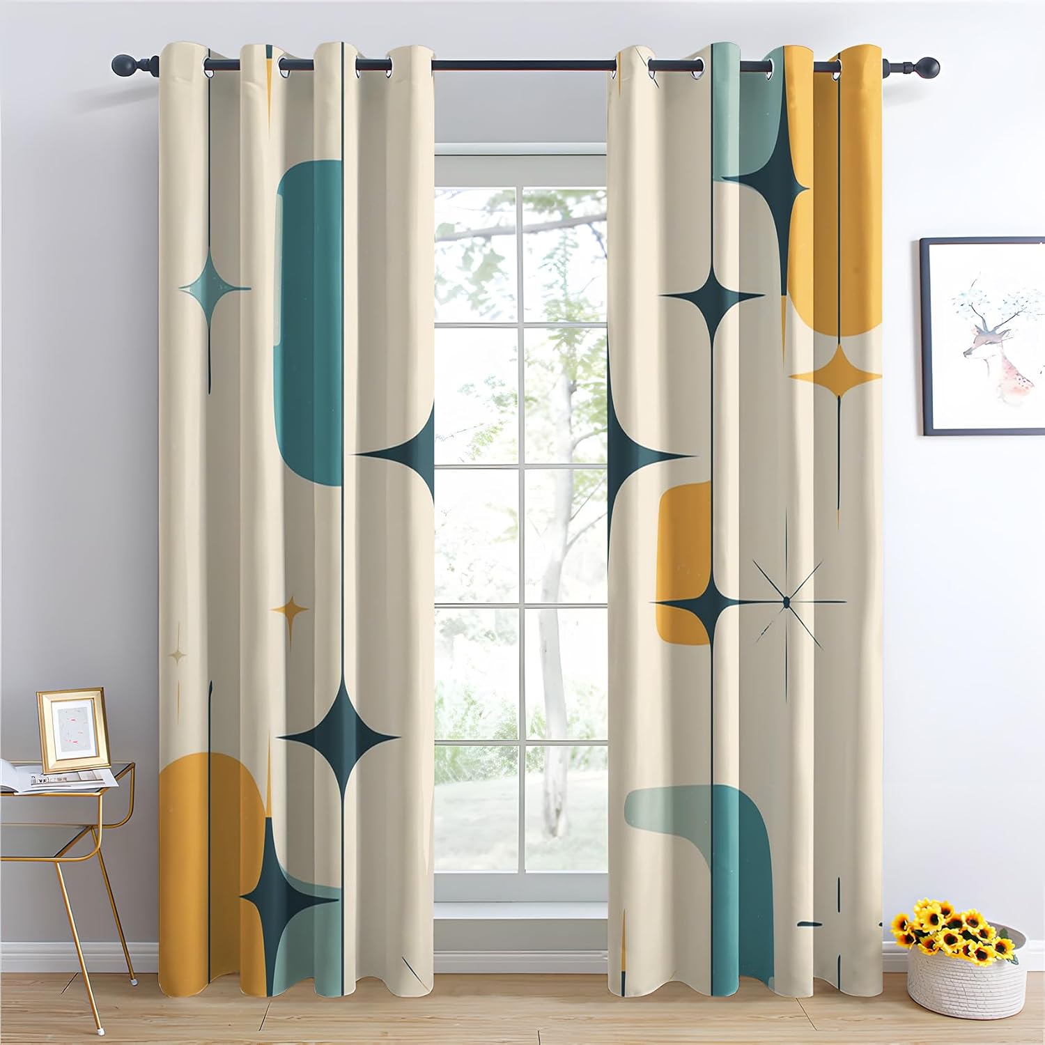 Mid Century Curtains for Bedroom Decor, 72 Inches Long, Retro Stars Pattern Design Blackout Drapes, Vintage Abstract Curtains for Living Room, 2 Panels Set