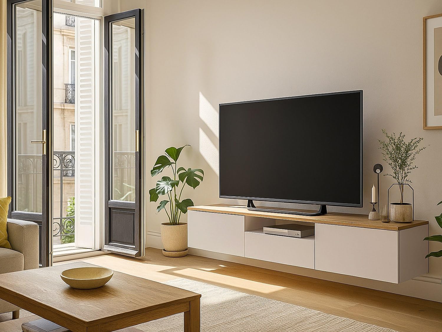 Vente-unique - Mueble colgante para TV Lotula -L 180 cm x 29,5 cm x 31,3 cm, madera de color beige, natural claro