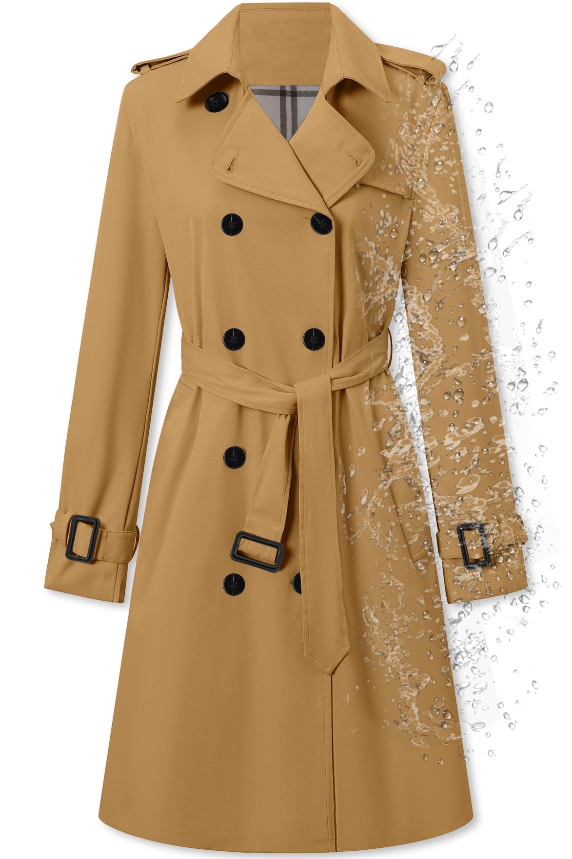 Betusline Womens Double Breasted Waterproof Trench Coat Classic Lapel Overcoat with Belt