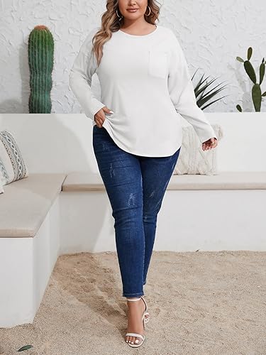 Miniatura 4 de Wihion Camisetas de Manga Larga Holgadas para Mujer de Algodón Casual Cuello Redondo Color Sólido Túnica con Bolsillo