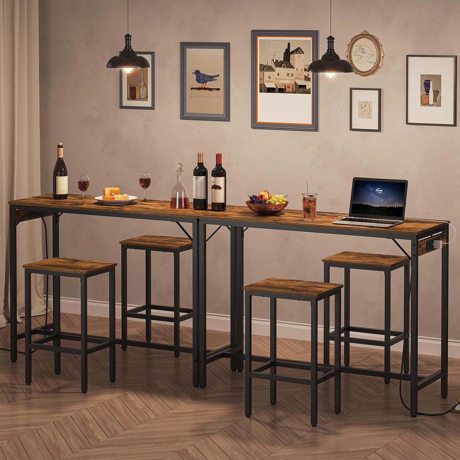 Bar Table Set with Power Outlet, 47.2“ Bar Table and Chairs Set, 3-Piece Pub Table Set, Kitchen Bar Height Table with Stools of 2, for Living Room, Dining Room, BF46UBT01