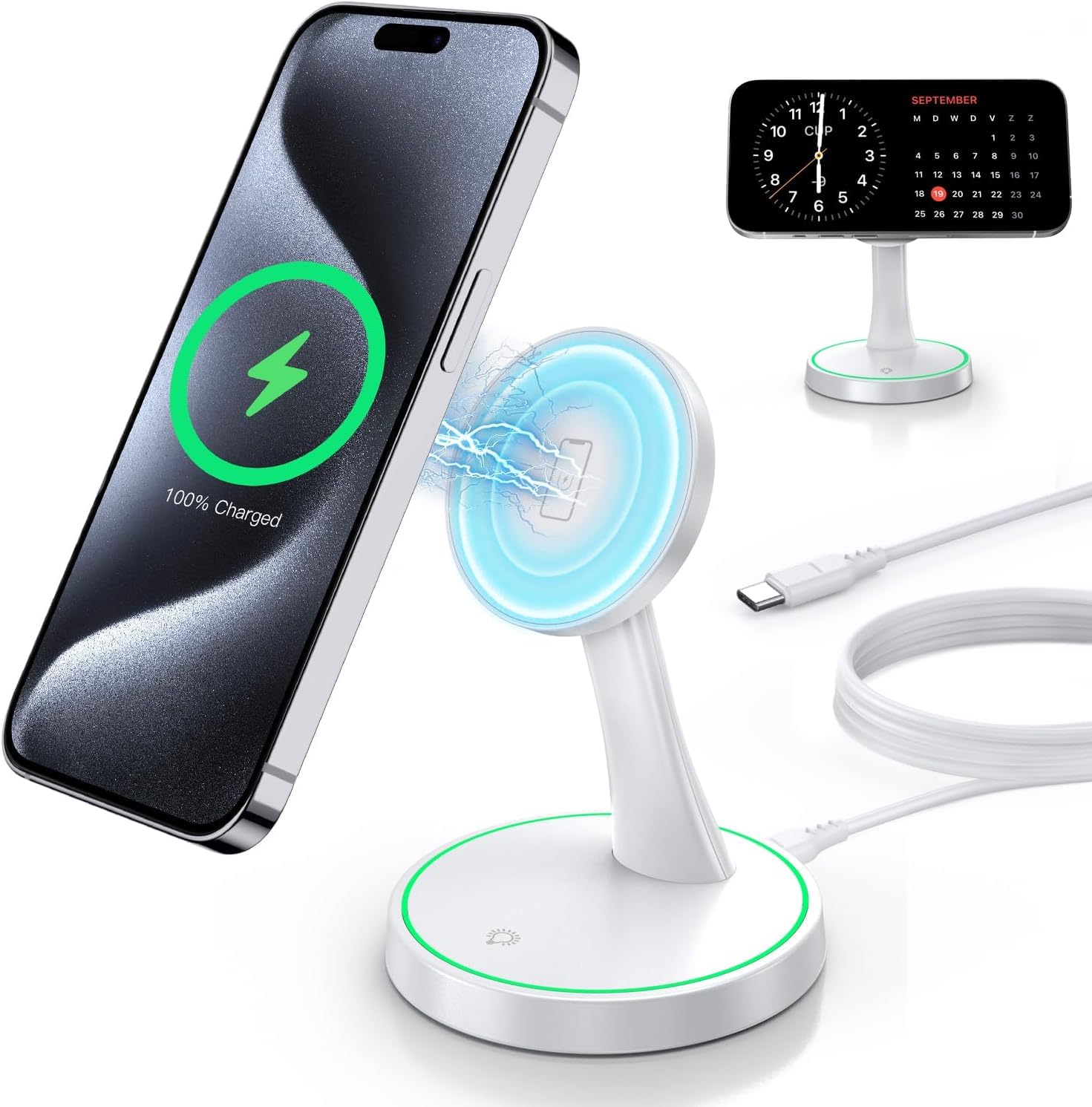 Induktive Ladestation Kompatibel mit MagSafe Ladegerät,OANDYS 2 in 1 15W Schnelles iPhone Ladestation für iPhone 17/16/15/14/13/12Serie und für AirPods,Wireless Charger mit schlaffreundlichem Licht