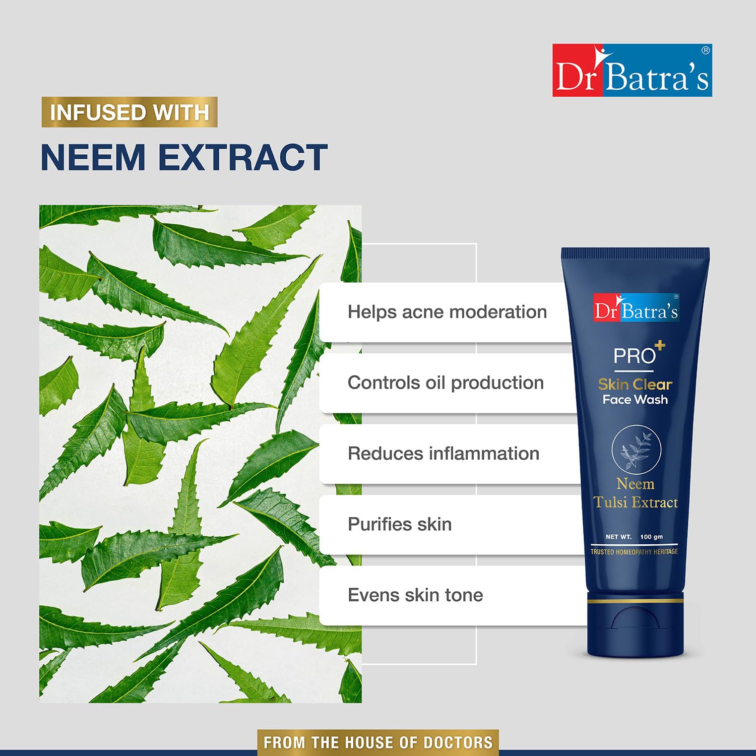 Dr Batra’s PRO+ Skin Clear Face Wash 100g | Clinically-Inspired Anti-Bacterial Formula | Enriched with Tulsi, Neem & Aloe Vera | Deep Cleansing for Clear, Healthy Skin | Chemical-Free (Sulphate, Silicone & Soap Free) 1