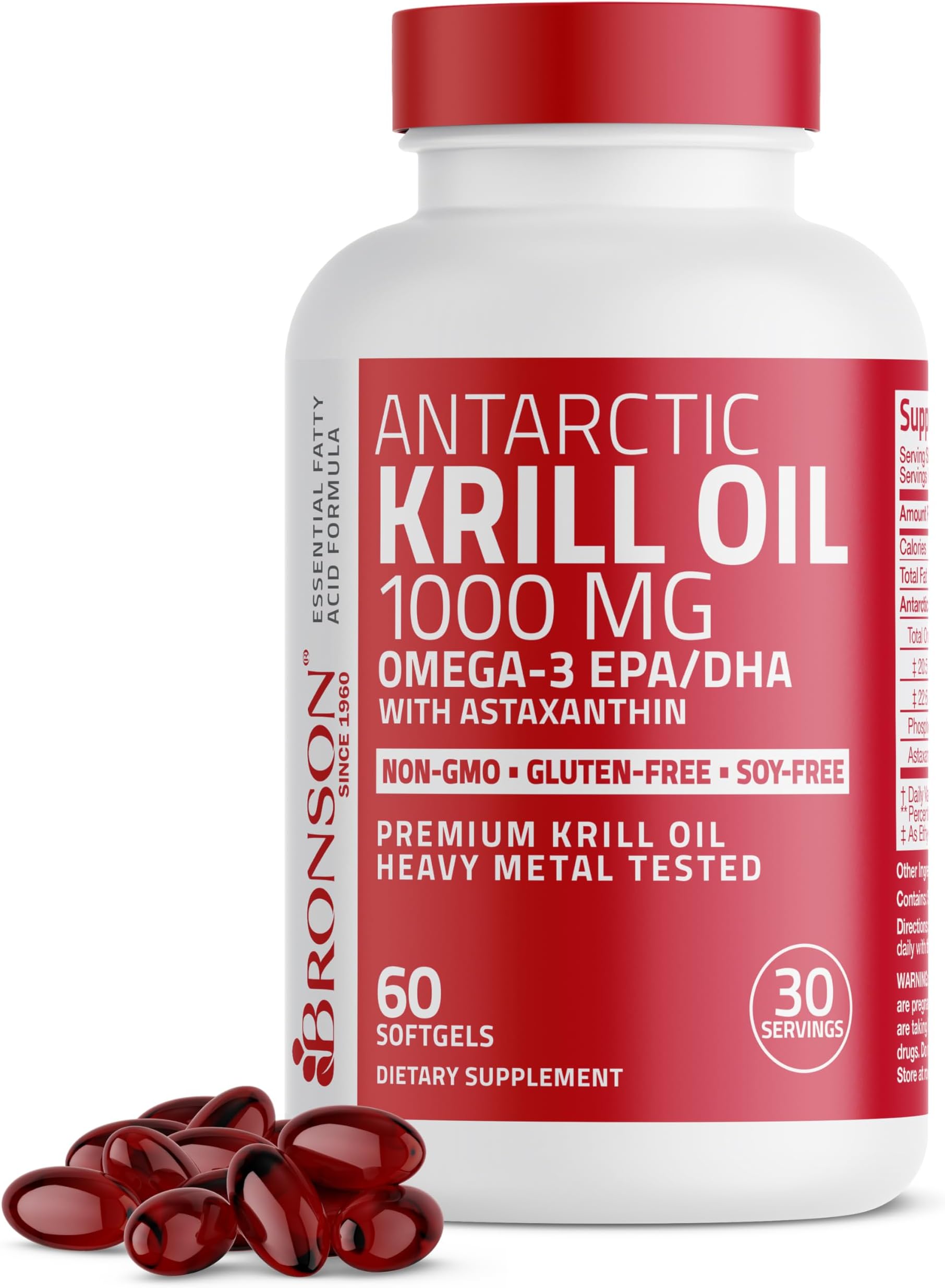 Bronson Antarctic Krill Oil 1000 mg with Omega-3s EPA, DHA, Astaxanthin and Phospholipids – 100% Pure Premium Krill Oil - Heavy Metal Tested, Non GMO - 60 Softgels (30 Servings)