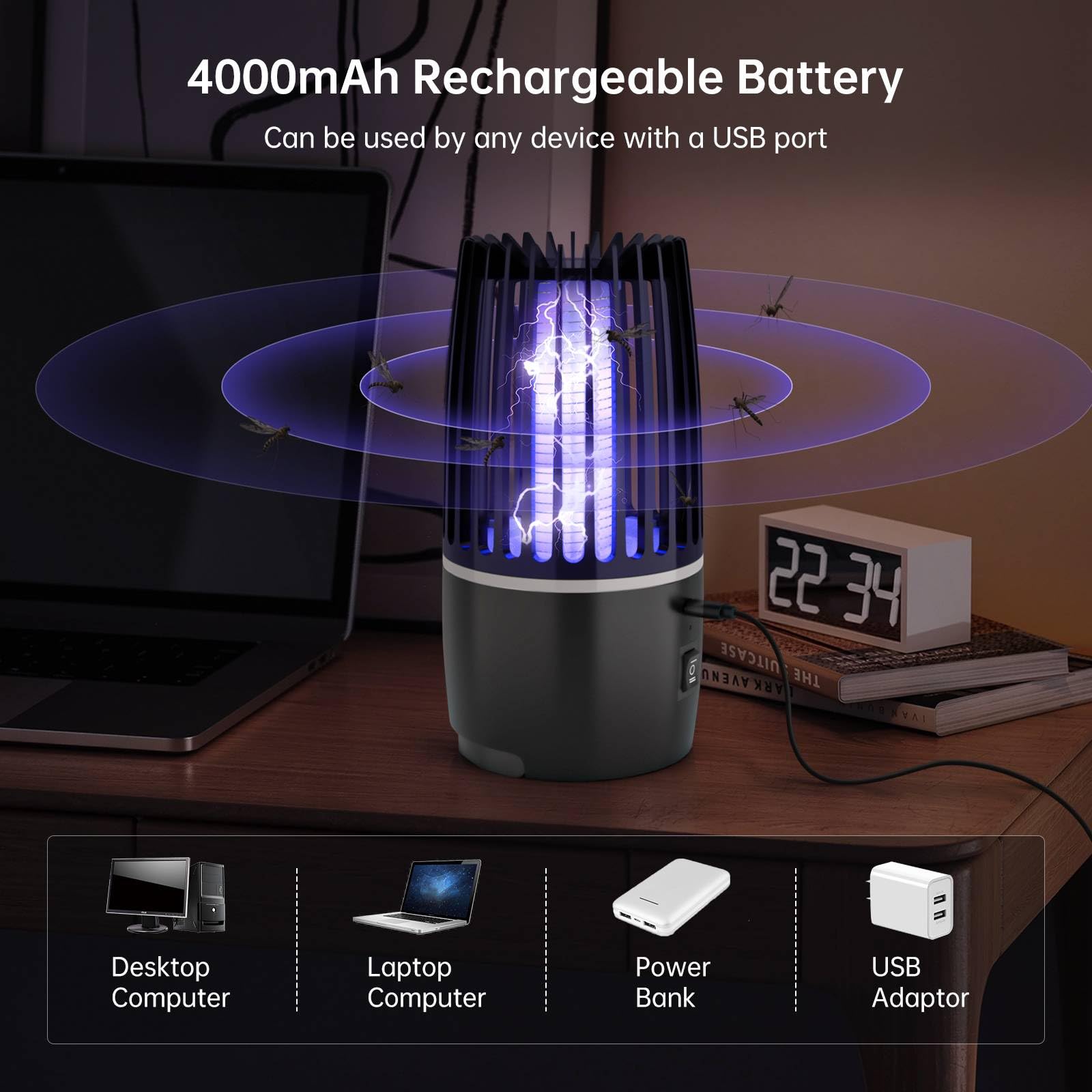 Lampada Antizanzare Elettrica, 4200V UV Zanzariera Elettrica Impermeabile IPX4, Lampada Anti Insetti Ricaricabile Trappola per Insetti, per Casa Giardino Interno Esterno Cucina