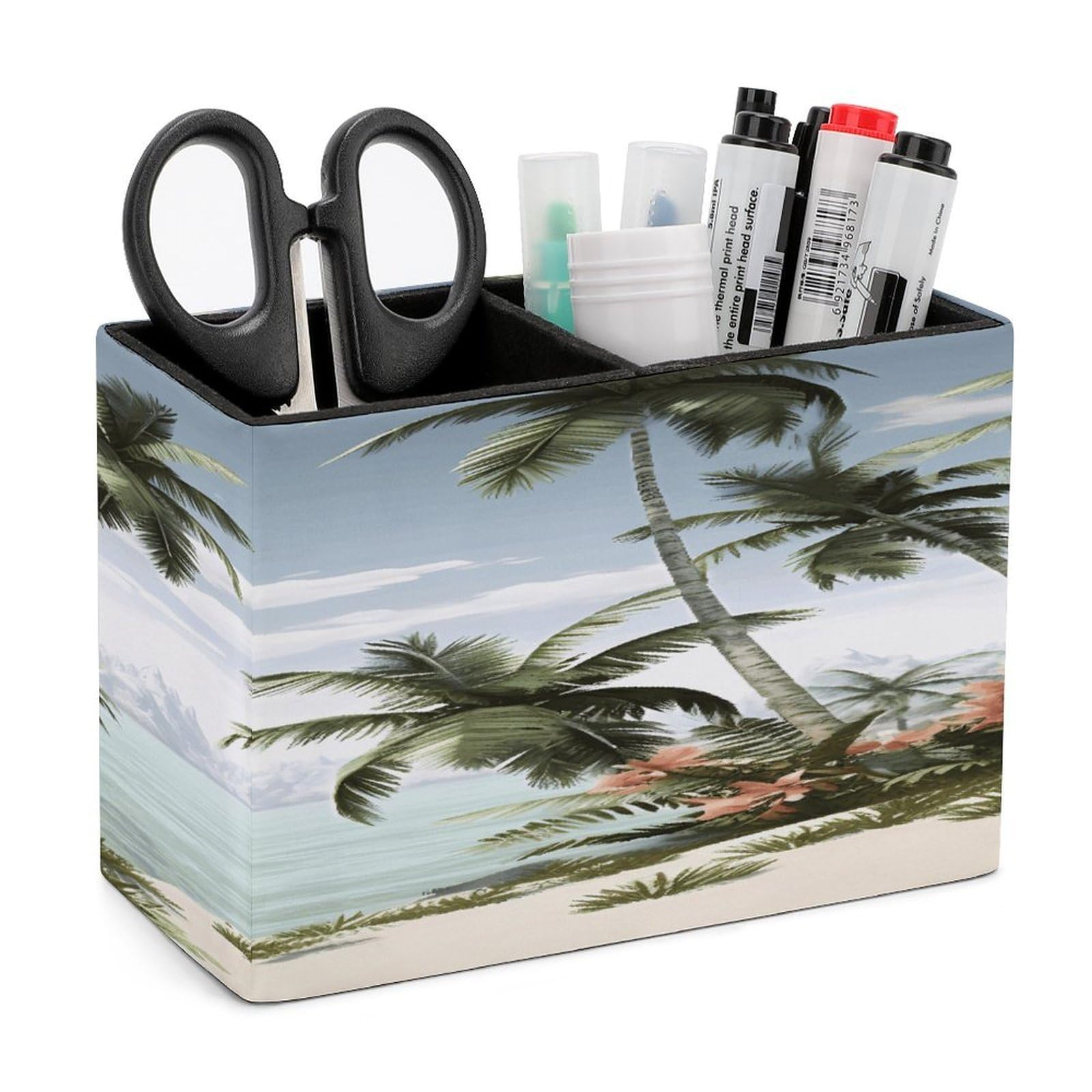 VstaDank Tropical Palm Trees Pen Holder Double Compartments Pen Cup Fashion Makeup Brush Holders Leather Pencil Holder for Work Locker Accessories Modern Pencil Cup for Desk Organizer