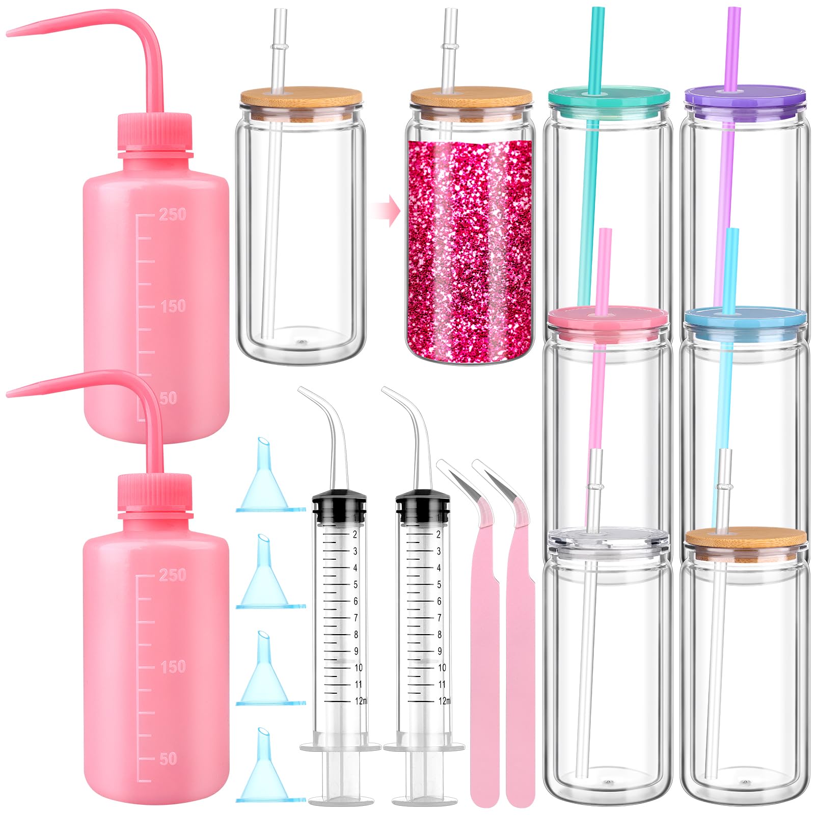 ULELE 16 Pcs Snow Globe Tumbler Supplies Including 16 oz Plastic Snowglobe Cups with Lids and Straws Squeeze Bottle Bent Spout Syringe Tweezers Funnels for Glitter Snow Globe DIY Craft Gifts