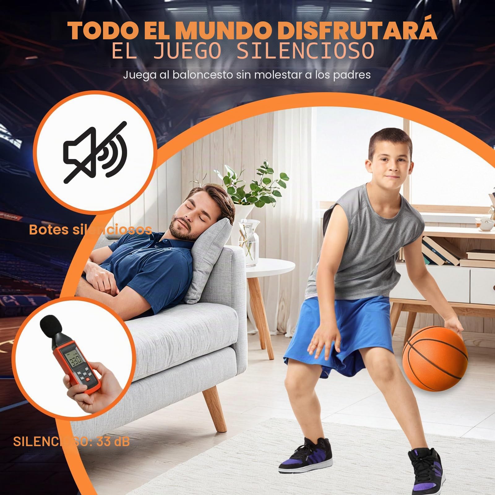 Balón de baloncesto silencioso tamaño 7 (29.5 pulgadas) – Pelota de baloncesto de interior de espuma sin aire ranurada para regates silenciosos y entrenamiento en interiores, material de