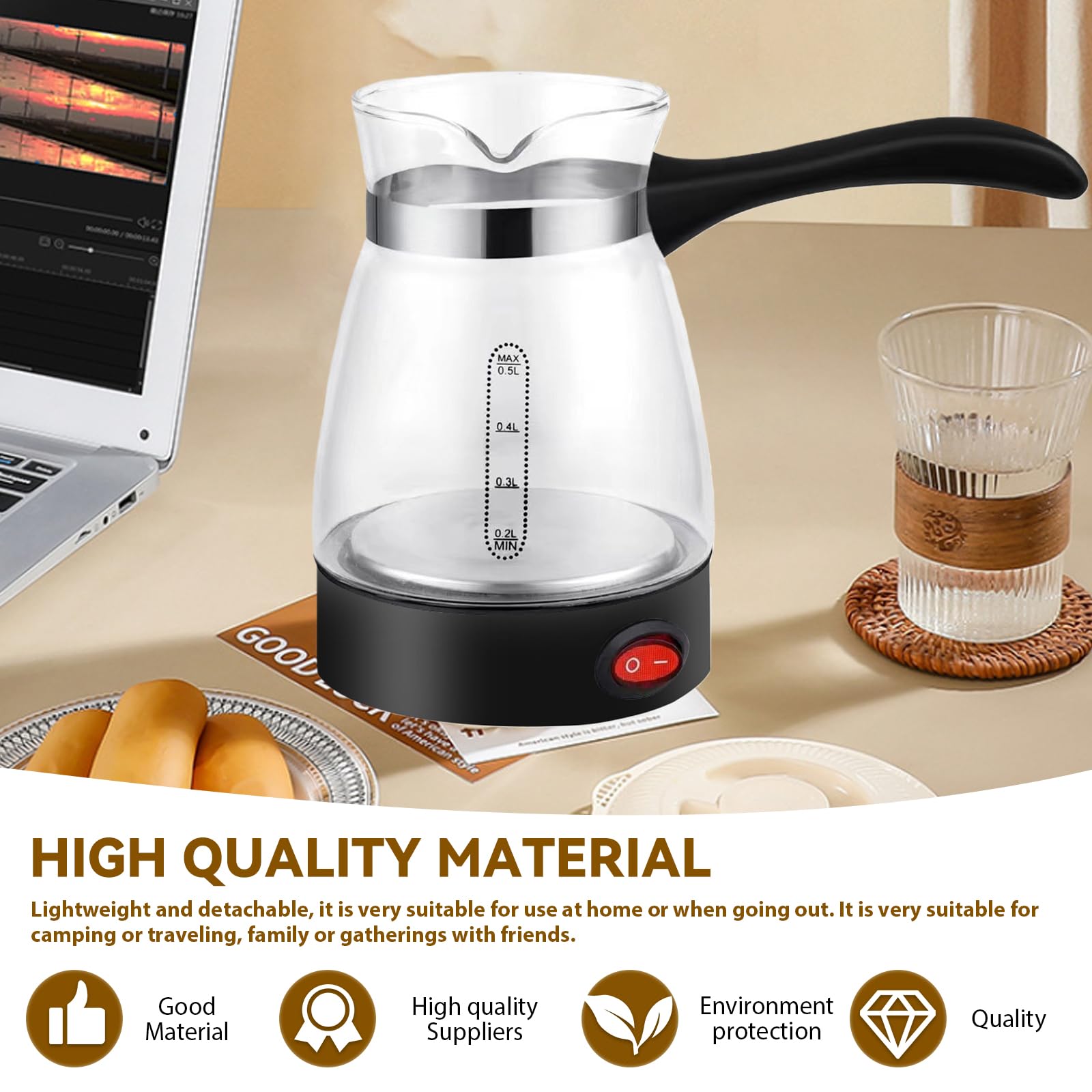Elektrische Türkische Kaffeekanne 500 ml, Türkischer Kaffeekocher 500 W, Elektrische Kaffeemaschine mit Griff, Waschbare Mokkakanne für Türkischen Kaffee, Espresso & Tee, Für Zuhause, Büro & Camping