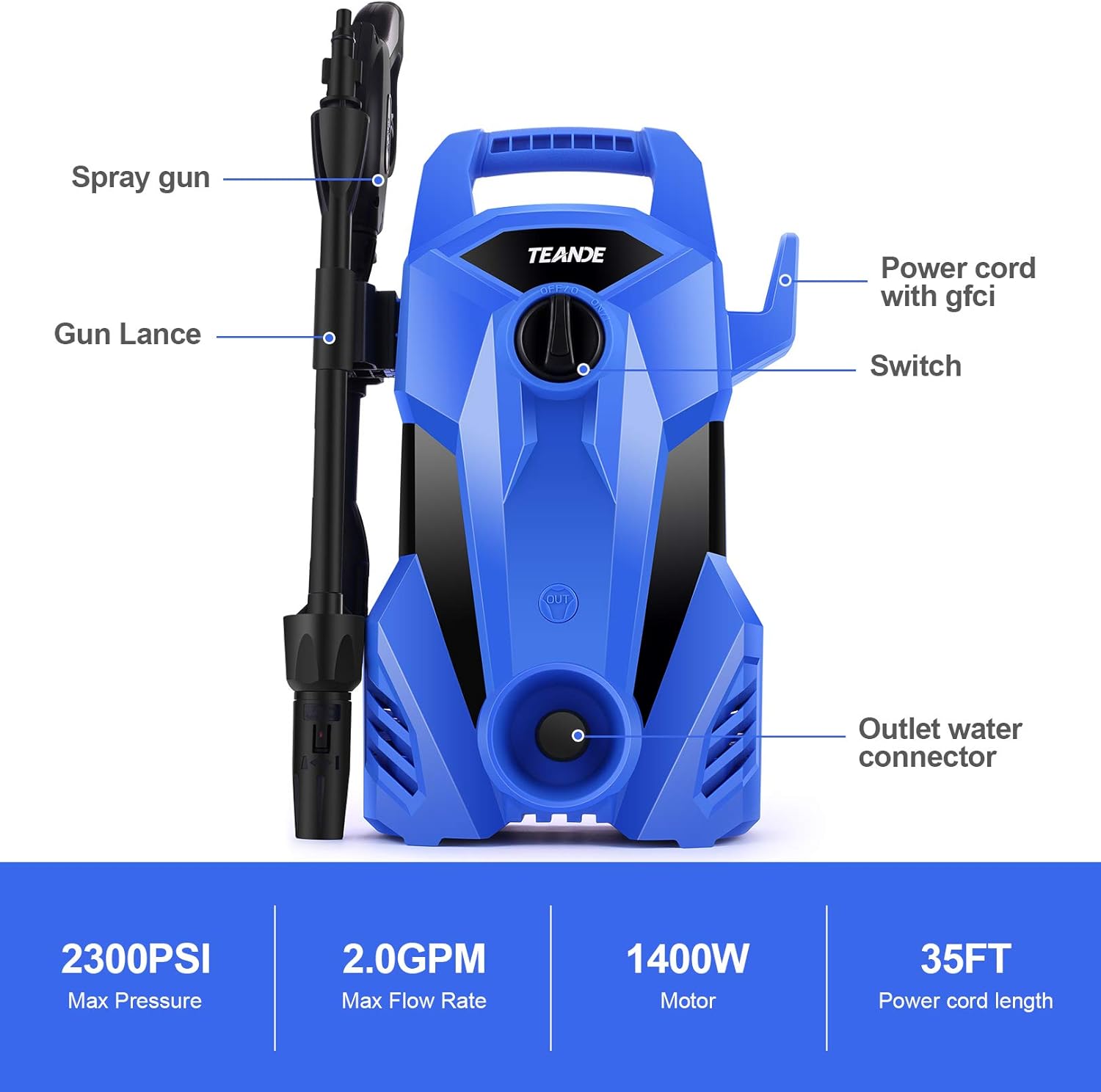TEANDE 2300PSI Pressure Washer 2.2GPM Electric Pressure Washer Car