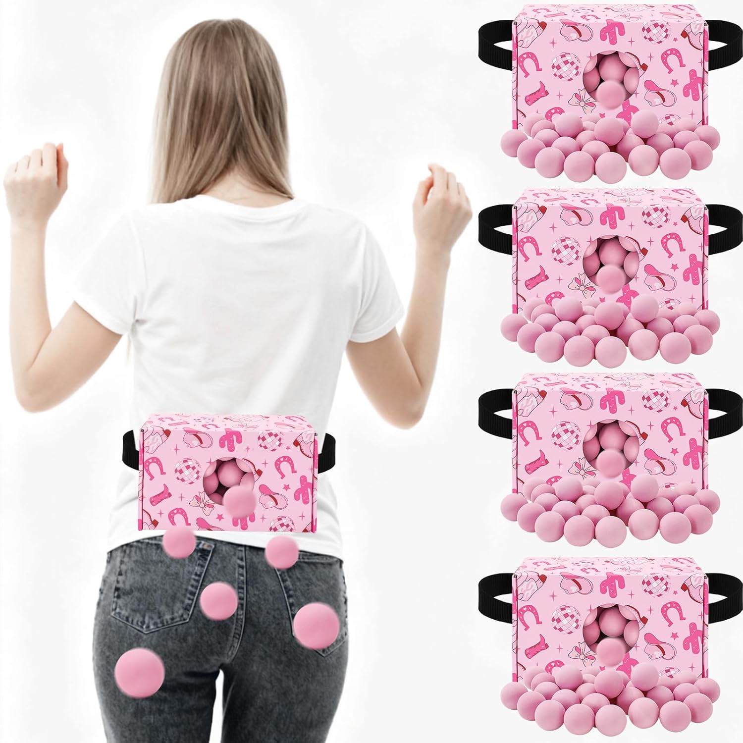 JarThenaAMCS 4 Pack Bachelorette Party Shaking Swing Balls Game Set 4 Strap 4 Pink Western Cowgirl Disco Shake Box and 80 Balls for Birthday Bridal Shower Table Tennis Twerk Game