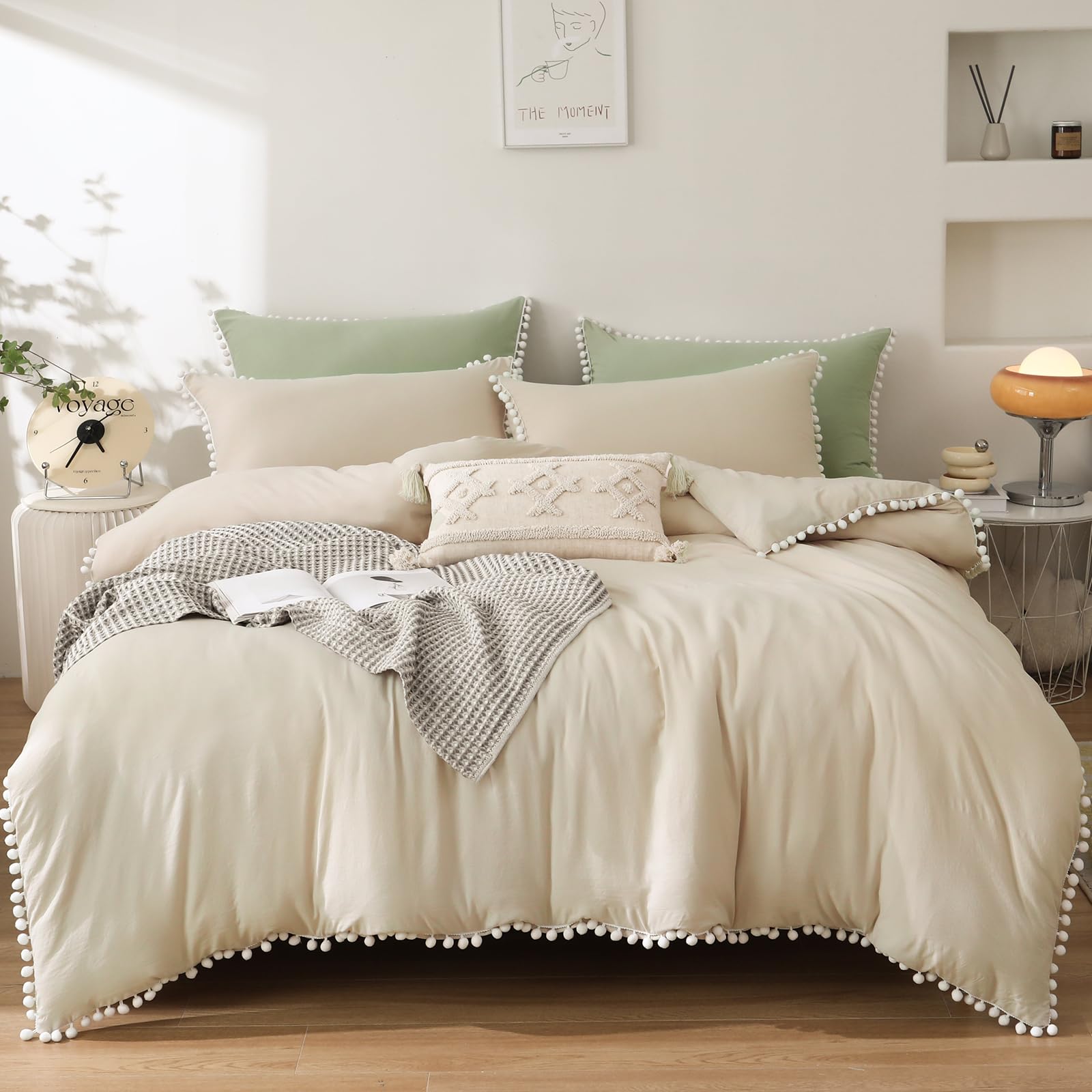 WONGS BEDDING King Size Duvet Cover Sets Beige and White Tassels Pompom Bedding Set 3PCS with 2 Pillowcases Cozy Soft Microfiber Zipper Closure King Size Bedding Sets for All Season (220x230cm) - Image 2