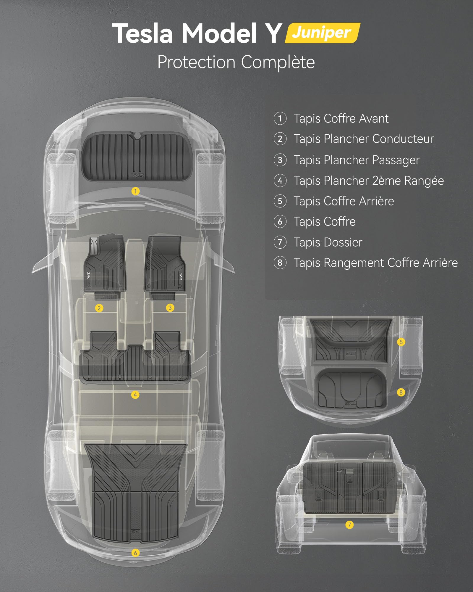 3W Tapis de Sol Tesla Model Y Juniper 2025-2026 Kit 10 pièces | Pas pour New Standard 2026, Thorex™ Premium, Toutes Saisons, Antidérapant et Imperméable, Tapis Voiture et Coffre