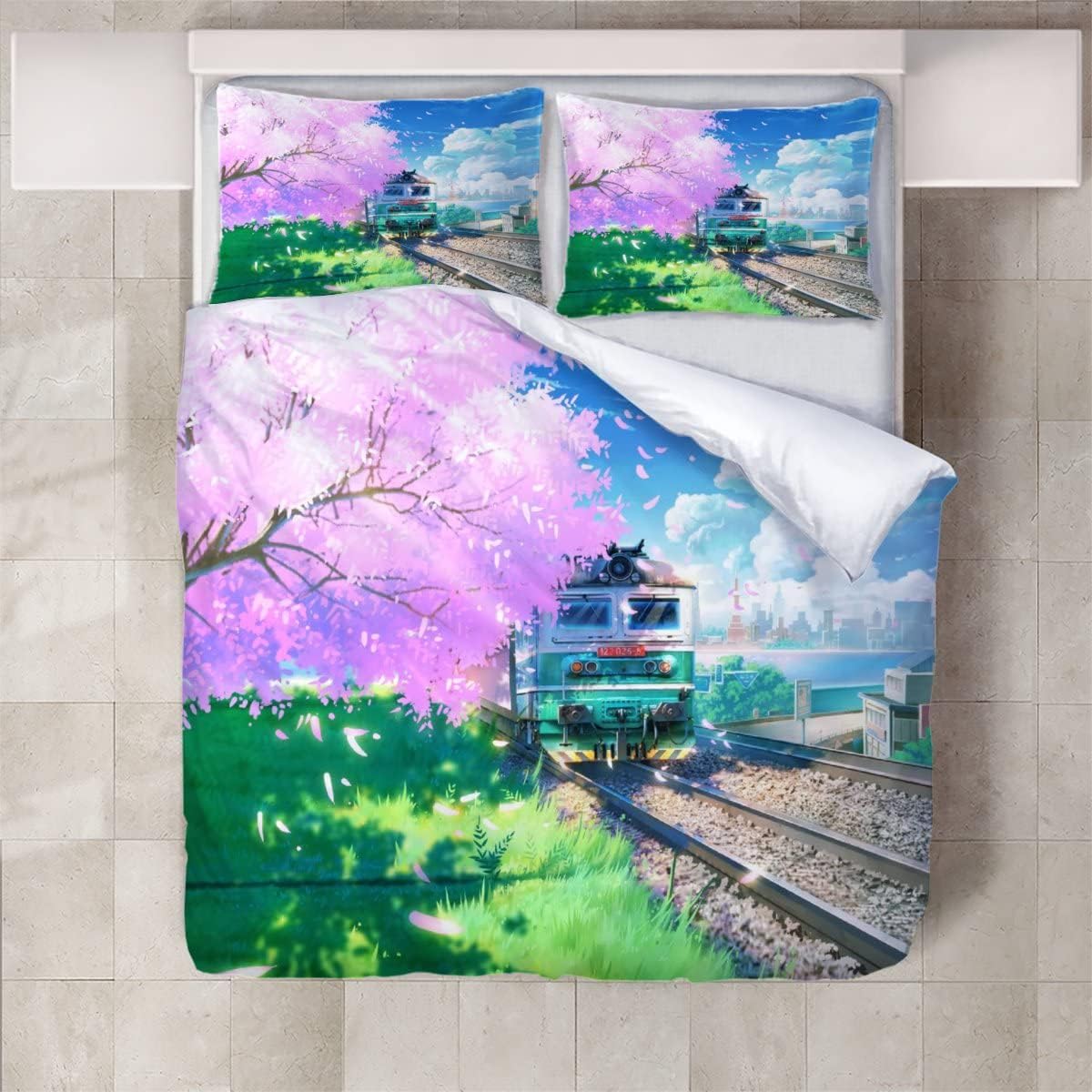 3D Duvet Cover 3 Pieces Sakura Train Pattern Printed Bedding Duvet Cover with Zipper Closure Soft Microfiber（200X200Cm）