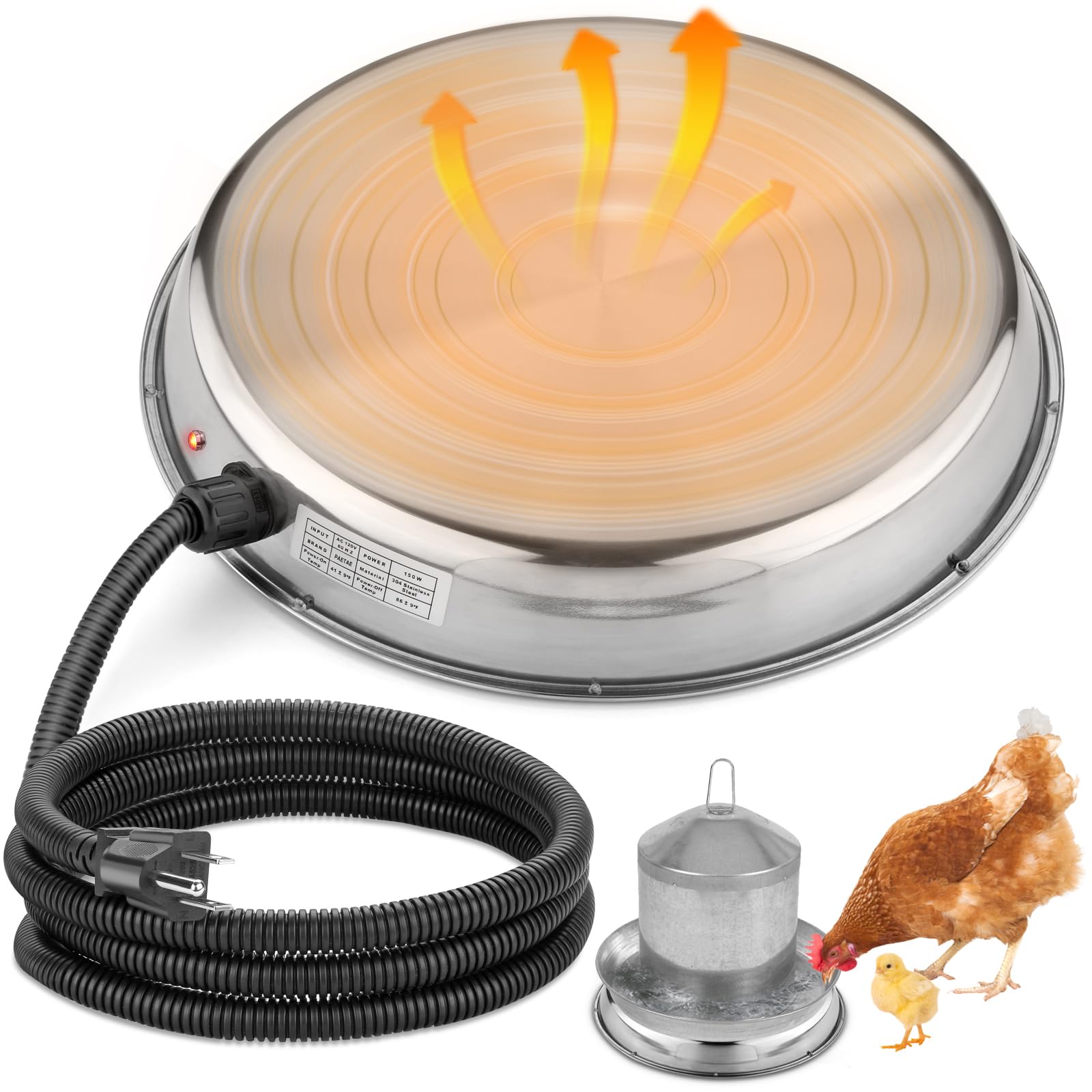 PAETAE Chicken Water Heater for Winter, Thermostatically Controlled Heated Chicken Waterer, Heated Poultry Waterer Fountain,150W