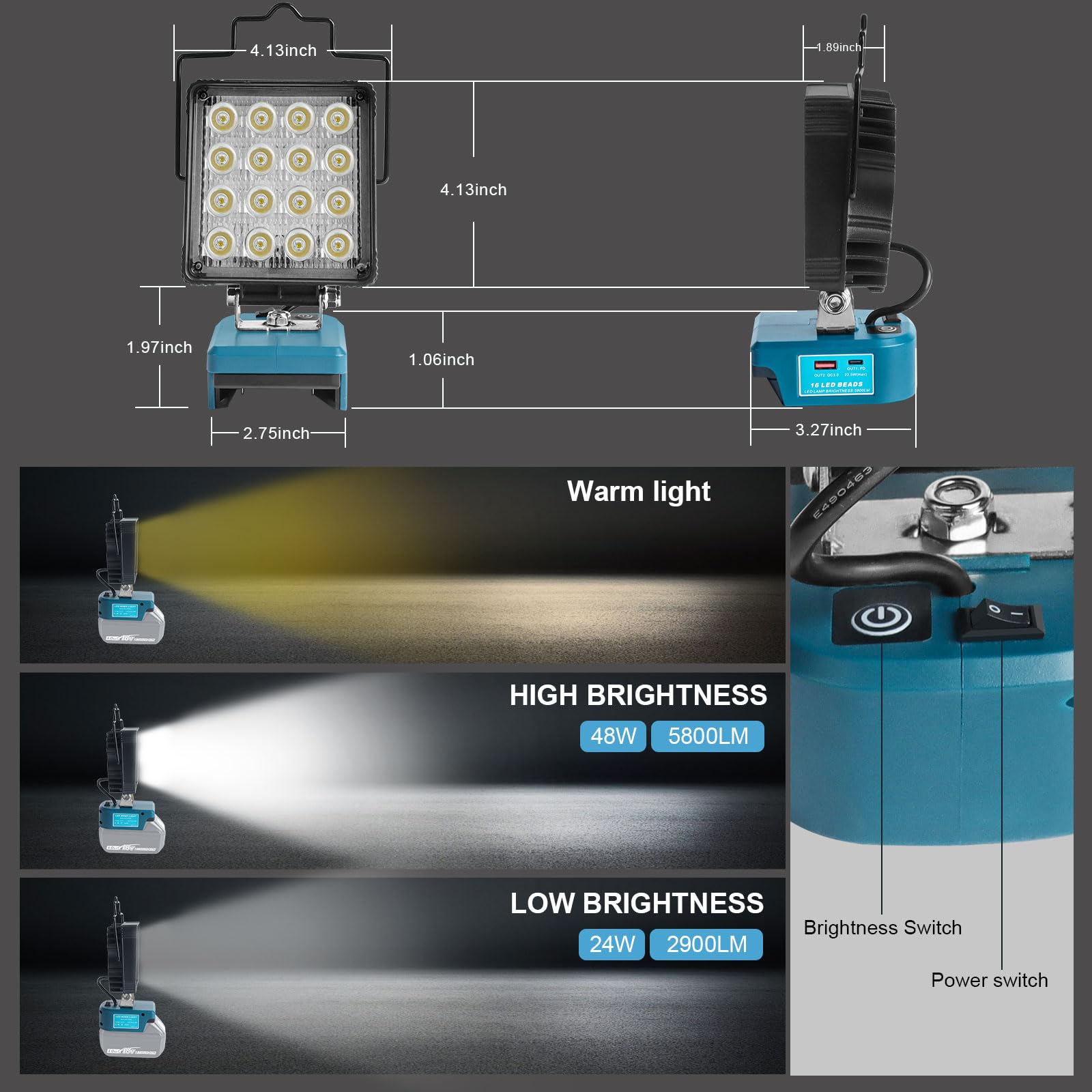 QUPERR Lampa bezprzewodowa kompatybilna z Makita 18V, 48W 5800LM LED lampa robocza, przenośny reflektor z USB i Type-C do auta, kempingu i awaryjnego oświetlenia (bez akumulatora)