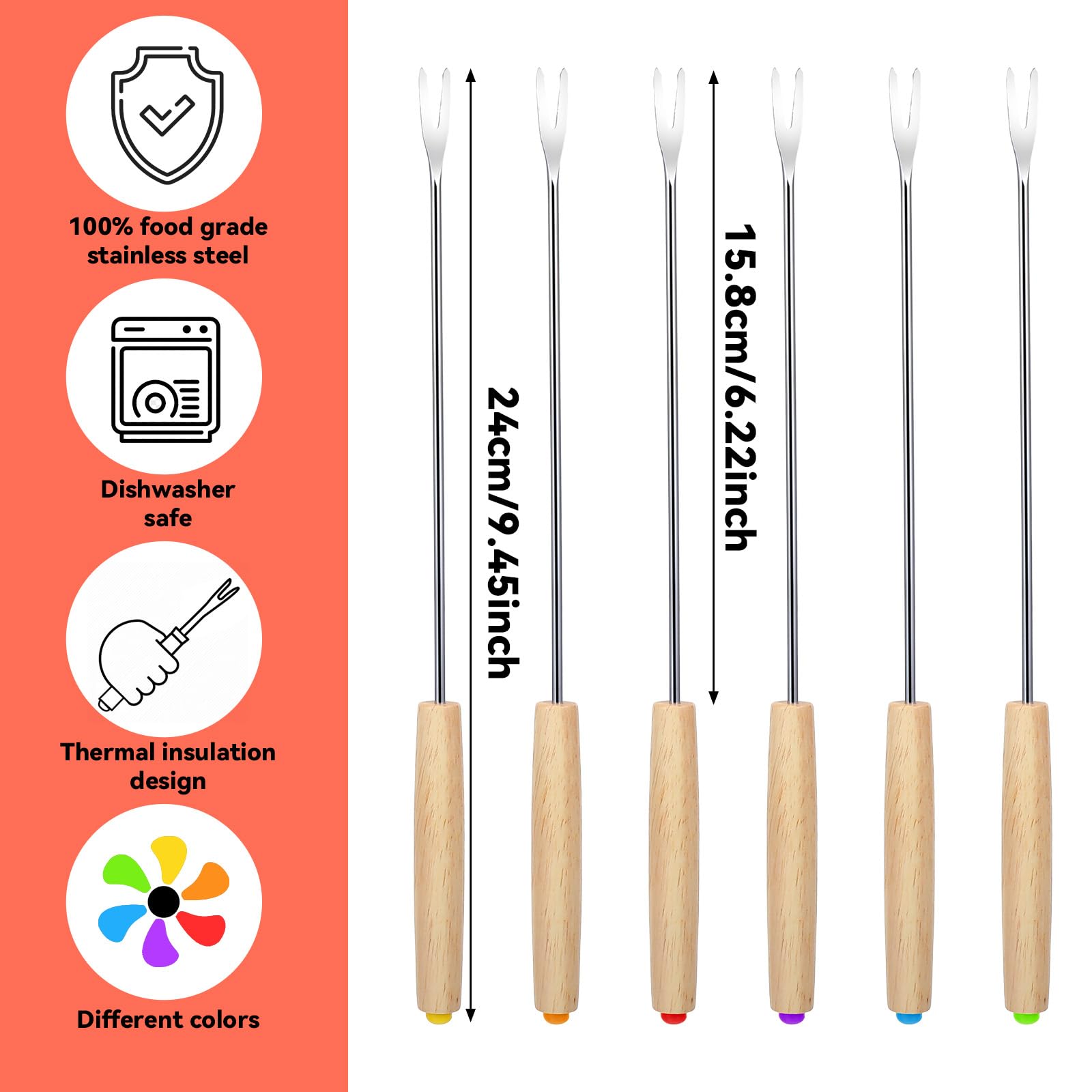 6 PCS Stainless Steel Fondue Forks, 9.5 Inches Cheese Fondue Sticks Set, Heat Resistant Stainless Steel with Wooden Handle for Roast Meat Chocolate Dessert Cheese Marshmallows (6 Colors)