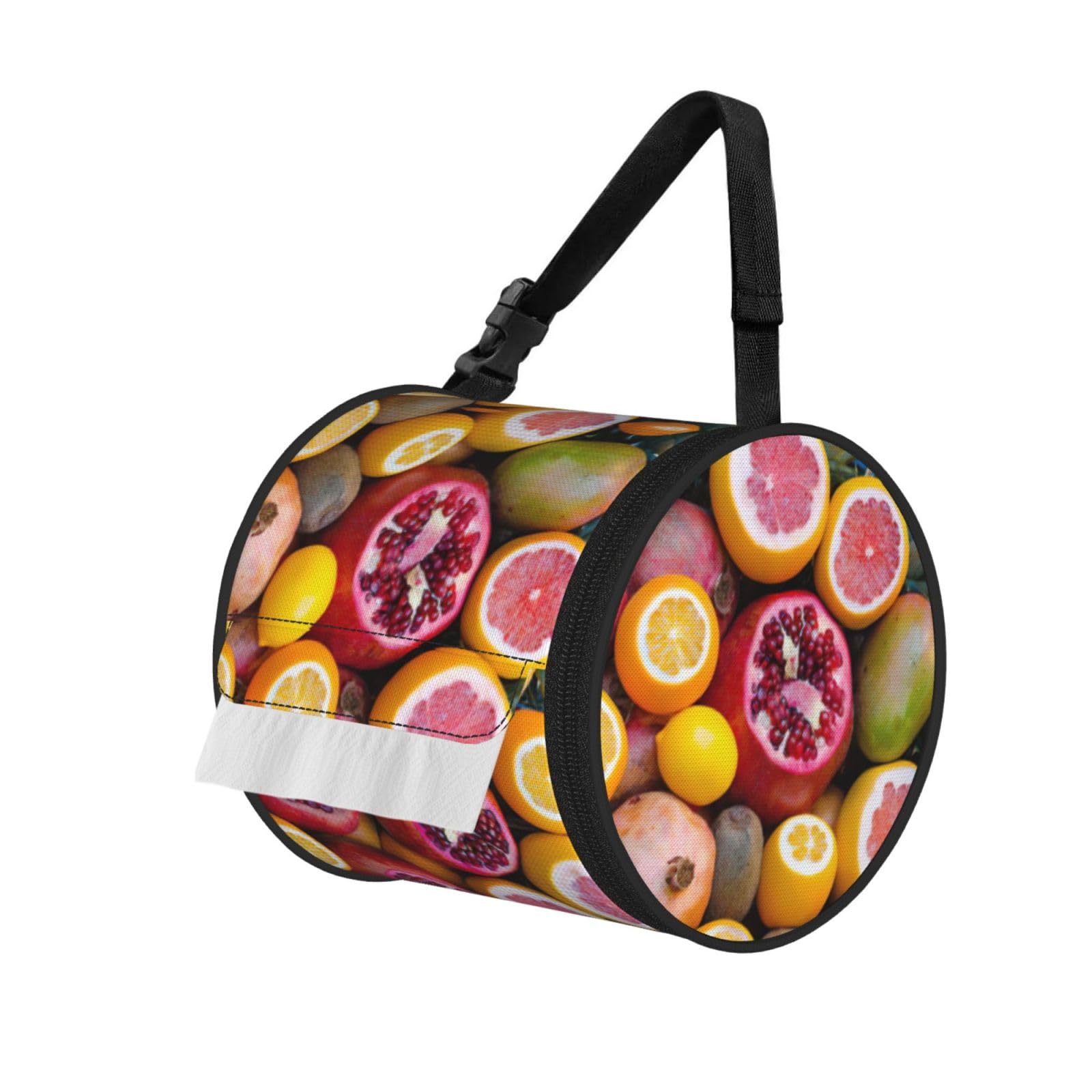 Fruit Picture Print Round Tissue Dispenser Bag With Carry Strap, Portable Roll Holder For Car Travel Home