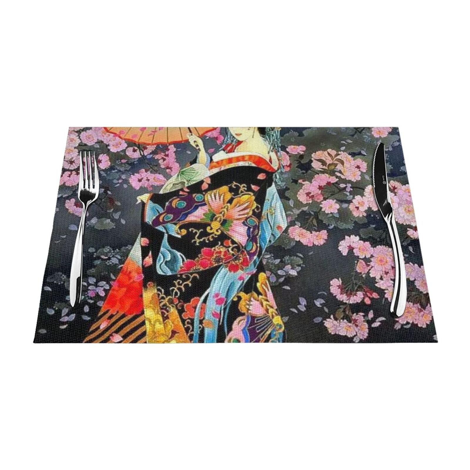 PVC Placemat Set of 4 PCS, 45x30 CM, Retro Japanese Geisha Printed Non-Slip Heat Resistant Place Mats for Kitchen Dining Table Indoor Outdoor