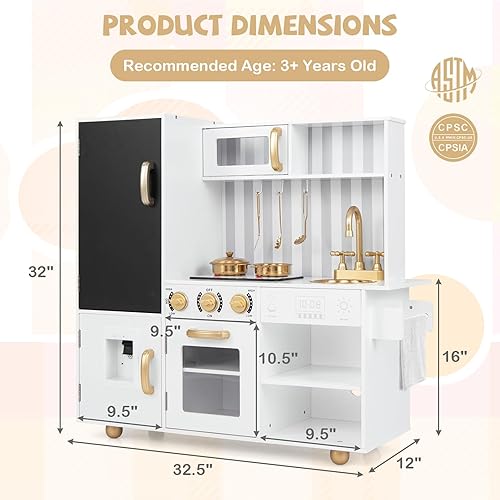 Miniatura 6 de Costzon Juego de cocina para niños, juego de cocina de juguete de madera con estufas, microondas, pizarra, dispensador de agua, accesorios de