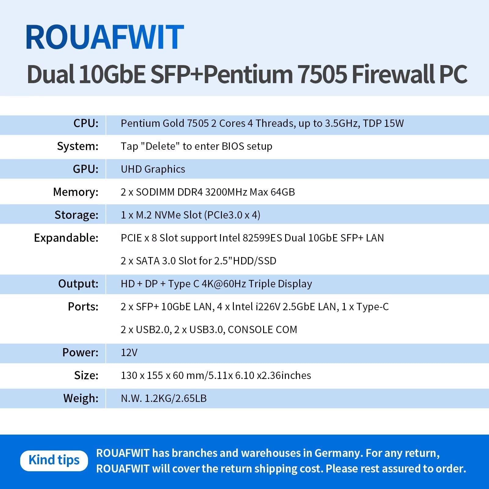 Firewall Mini PC Pentium 7505, 2x 10GbE SFP+, 4x 2.5GbE LAN, Barebone