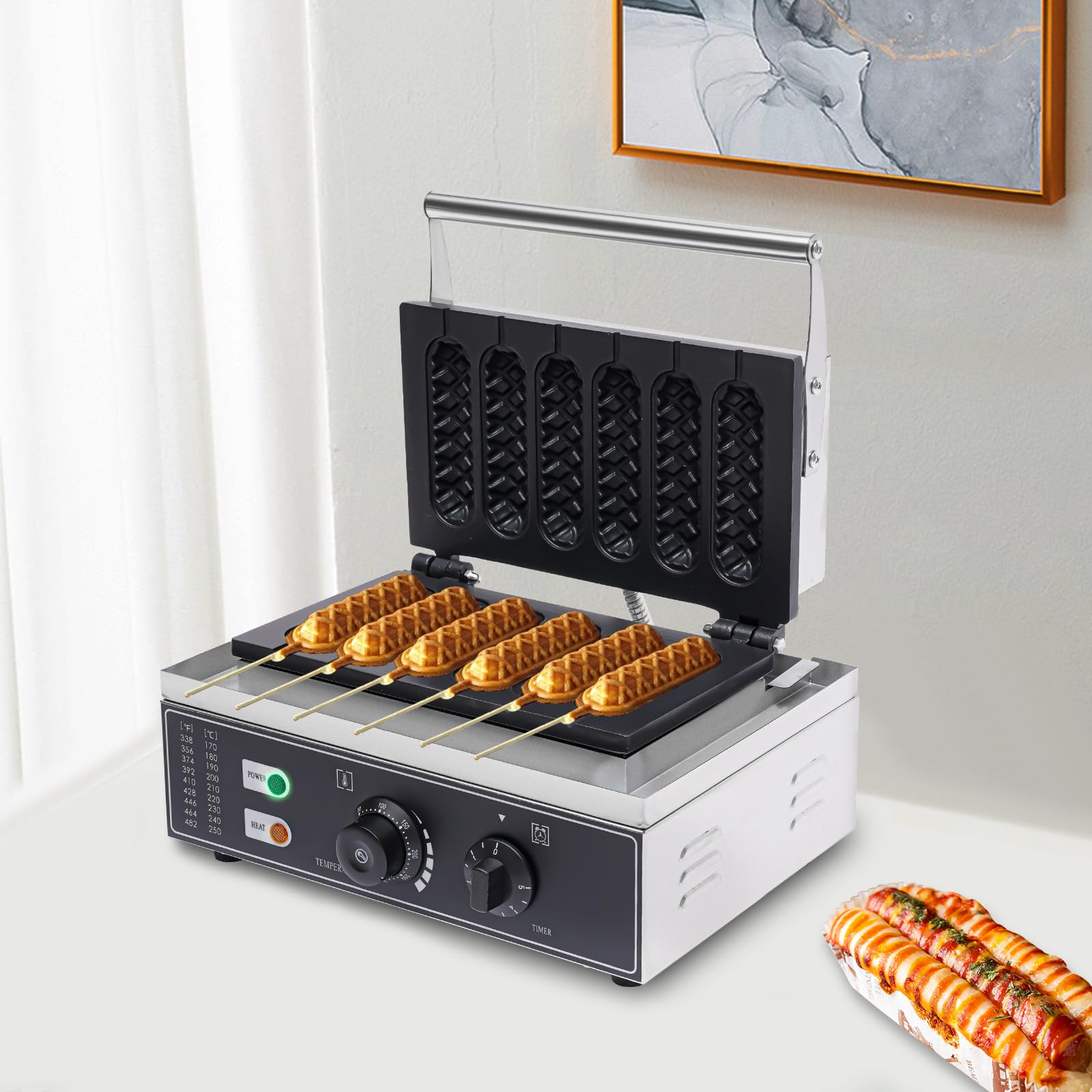 Waffeleisen Waffelgerät Waffle, 6 Würstchen Hot Dog Maker Kommerzielle NonStick Waffeleisen Maschine mit Zeitschaltuhr und Temperaturanpassung