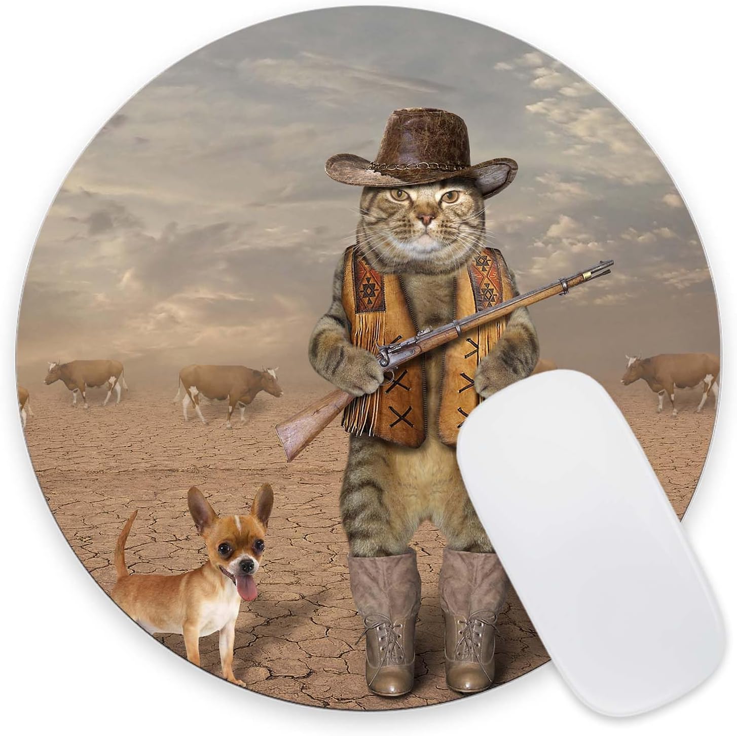 Mouse Pad, Cute Mousepad with Design, Round Cowboy Cat and His Dog Mat, Small Non-Slip Rubber Gaming Pads, Office Home Personalized Pad 7.9×7.9×0.12 inches image 2
