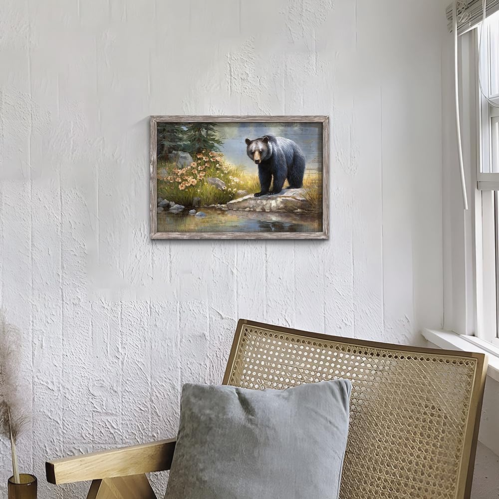 Bear Prints Wooden Wall Art: Wildlife Grizzly Picture Framed Artwork Rustic Woodland Wild Animal Painting for Living Room