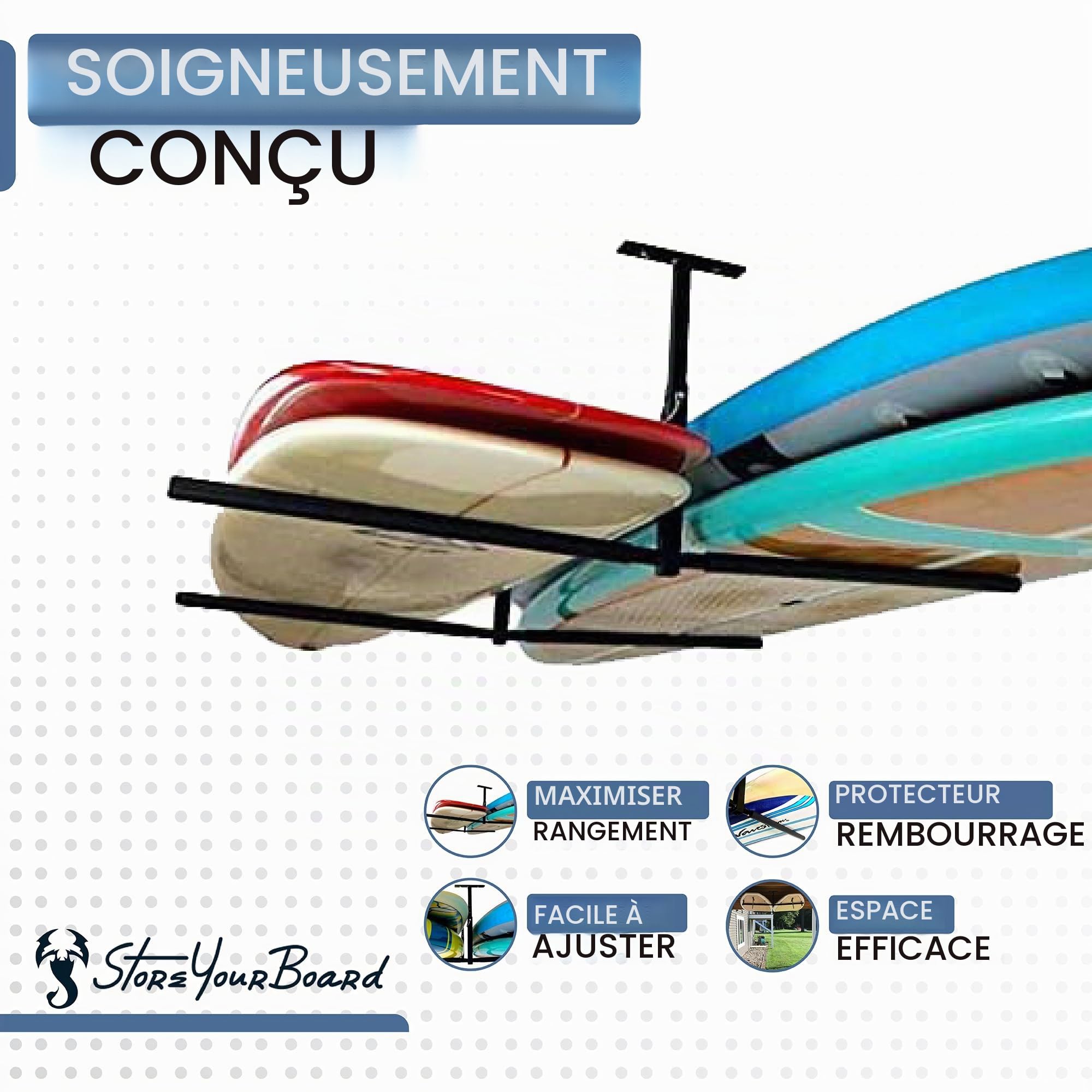 StoreYourBoard Étagère de rangement de plafond double SUP et surf, Hi Port 2, pour la maison et le garage (XL (accoudoirs de 76,2 cm)